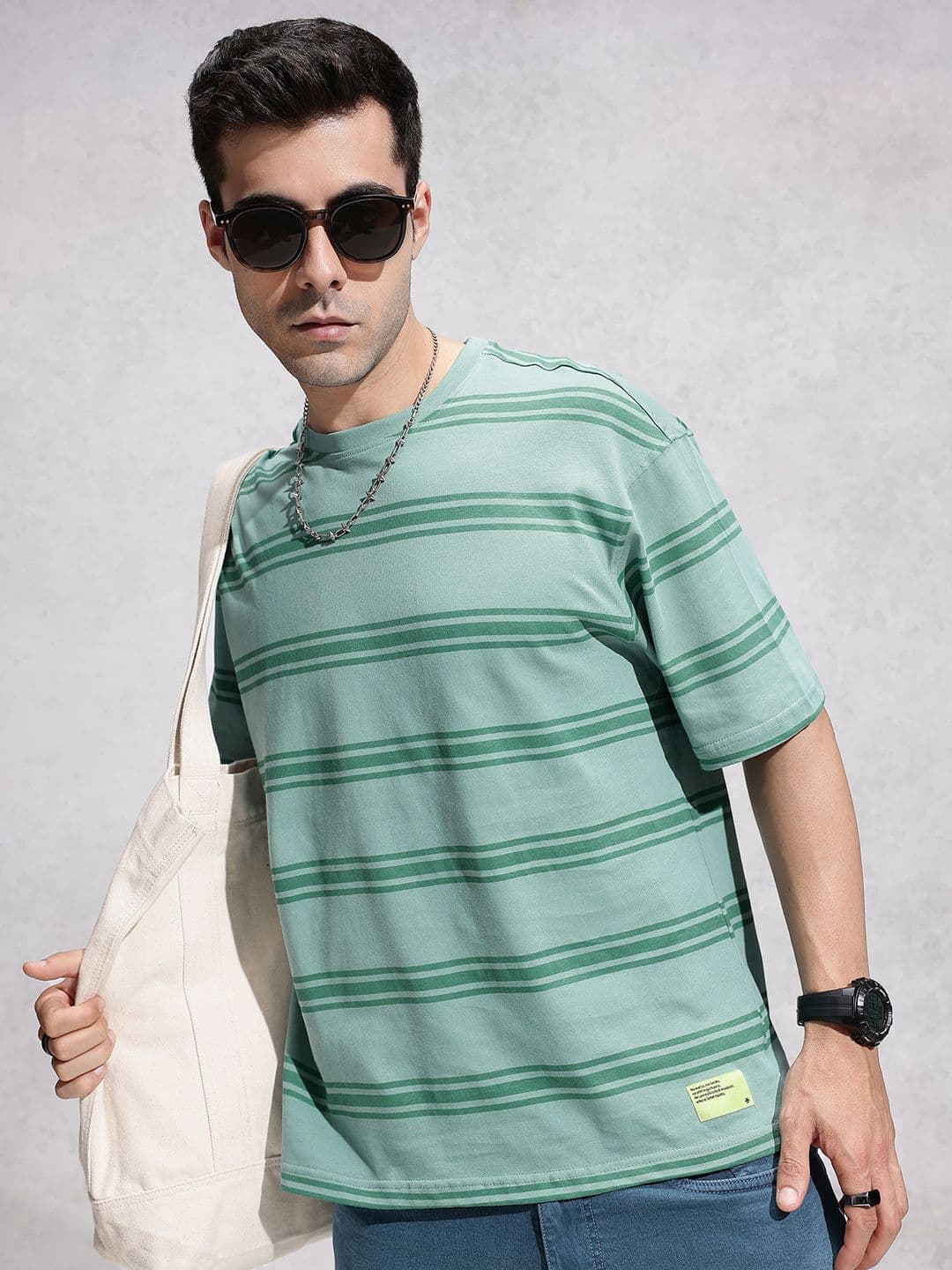 WROGN Pure Cotton Horizontal Striped Oversized T-shirt - view 1