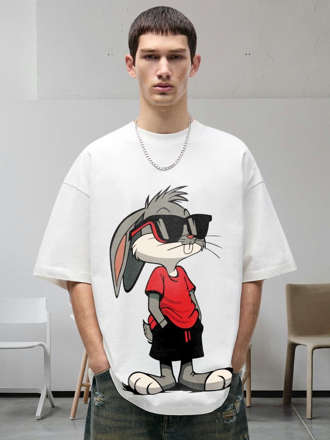 PRONK Men Bugs Bunny Graphic Printed Round Neck Cotton Oversized T-shirt - view 1