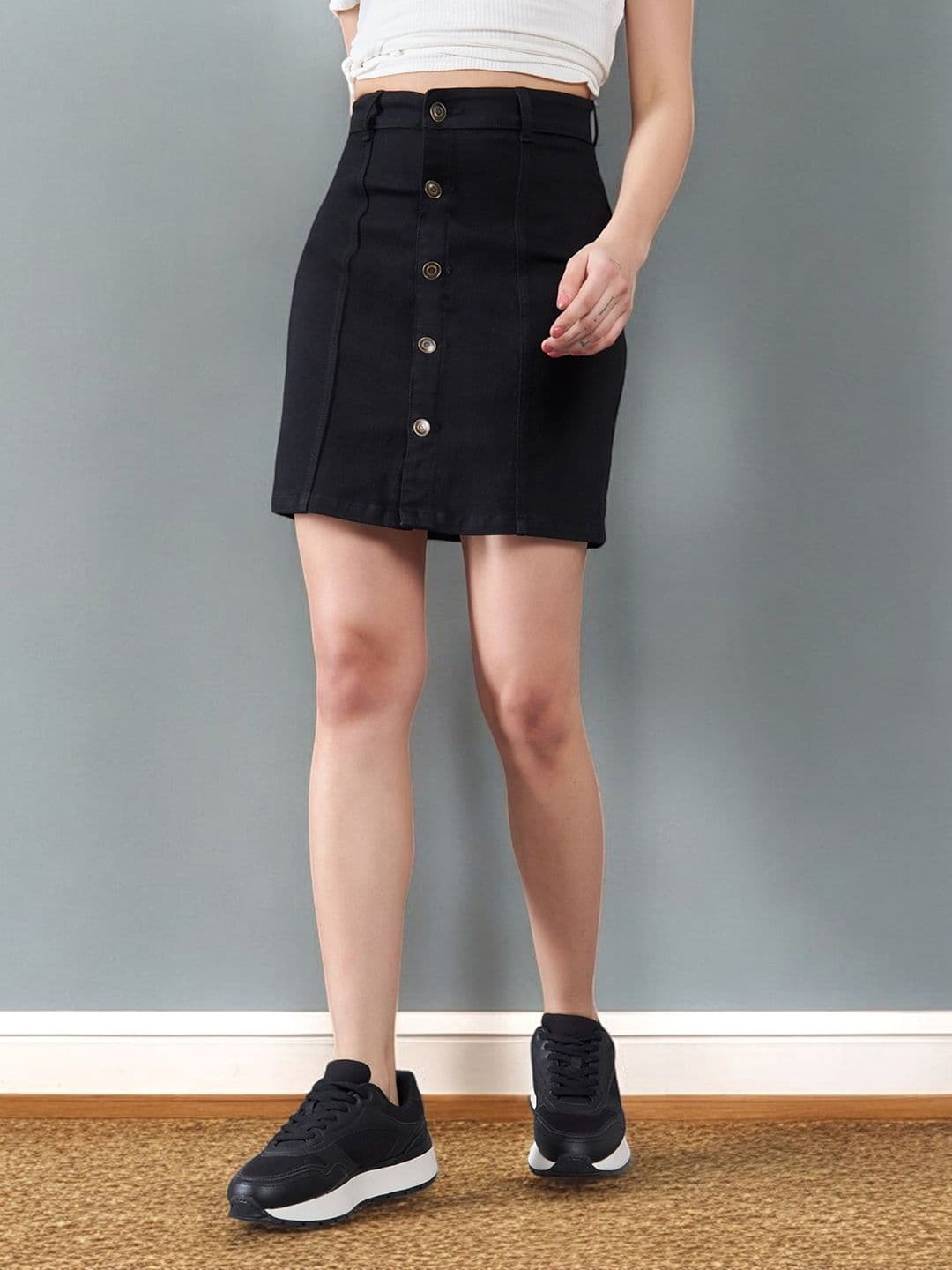 DOLCE CRUDO Women Black Stretchable Solid Bodycon Mini Denim Skirt - view 1