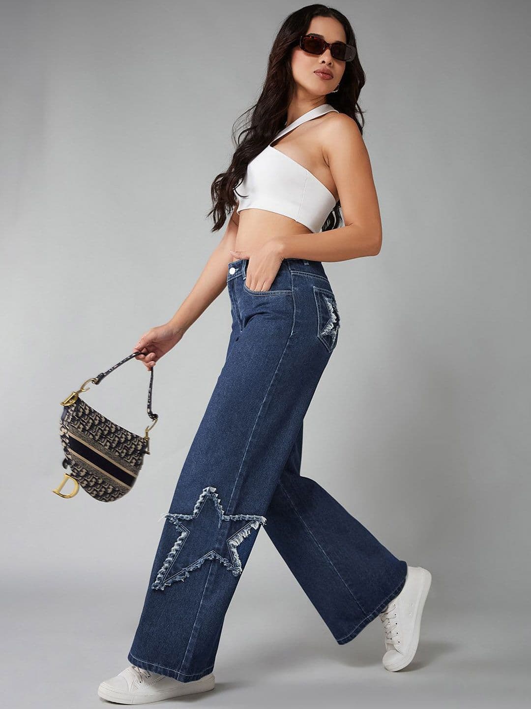 DOLCE CRUDO Women Wide Leg High-Rise Mildly Distressed Light Fade Stretchable Jeans - view 1