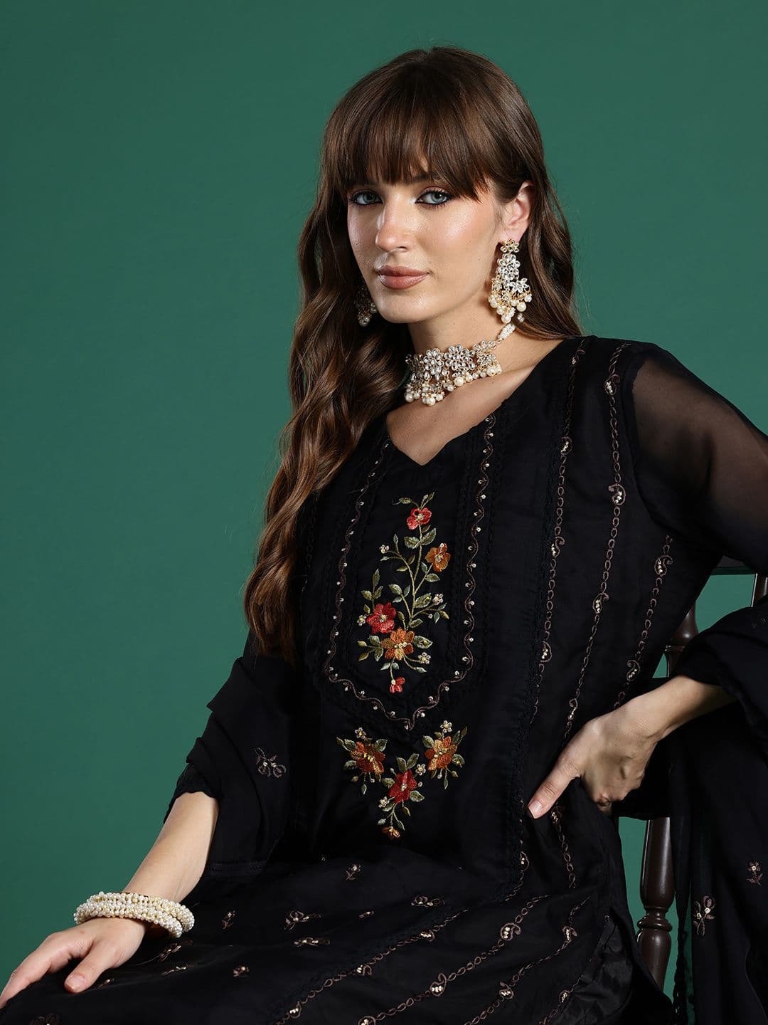 Indo Era Floral Embroidered Panelled Thread Work Kurta with Trousers & With Dupatta - view 1