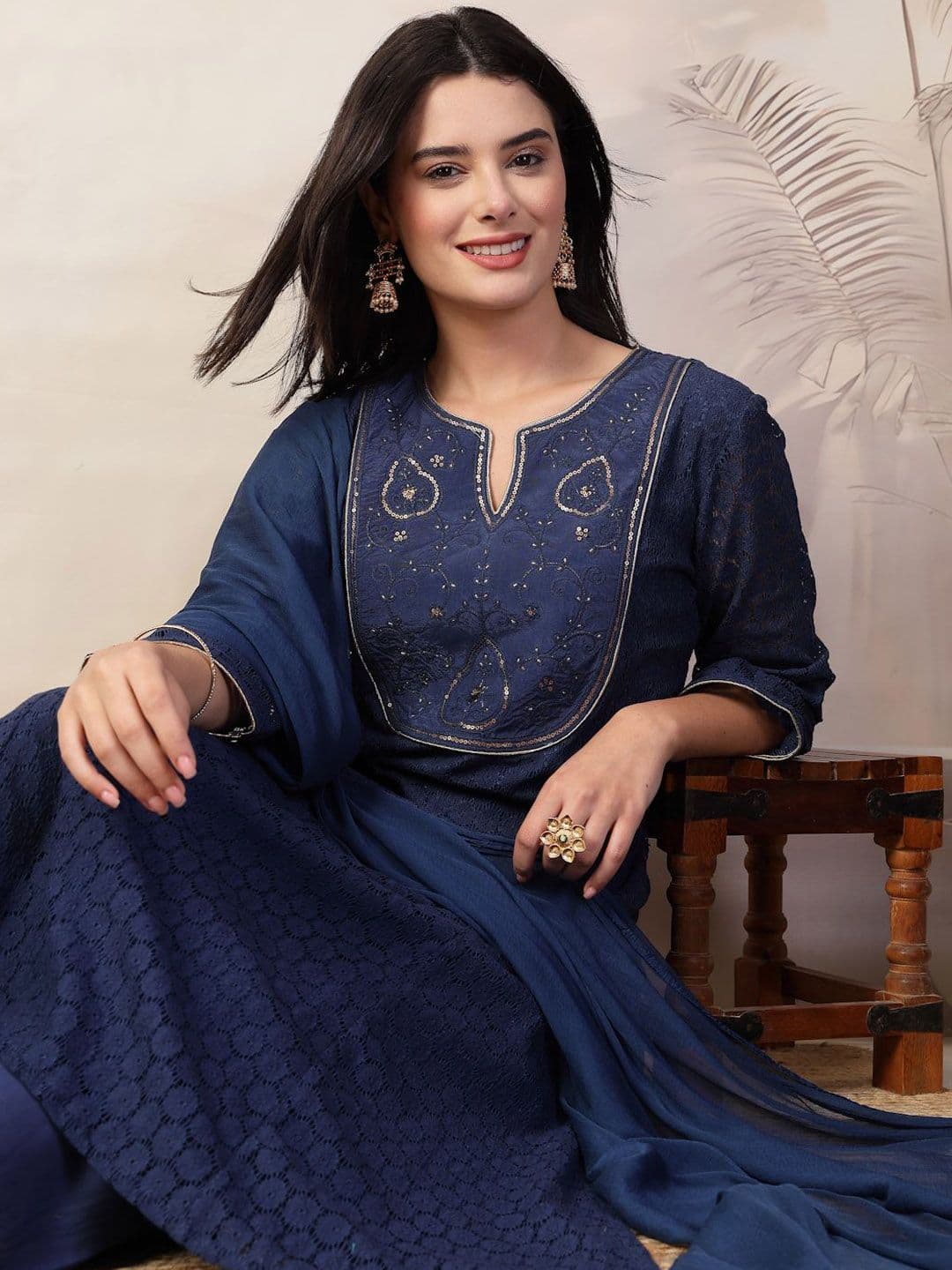 Nayam By Lakshita Floral Embroidered Sequinned A-Line Kurta With Palazzos & Dupatta - view 1