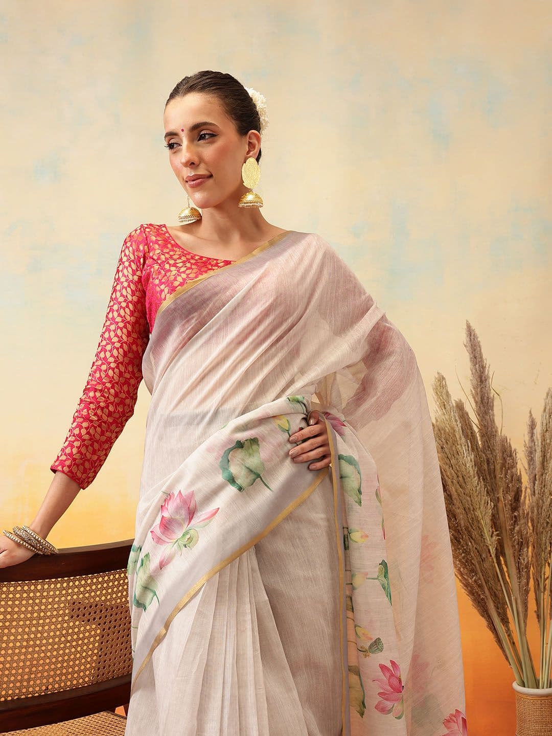 Silk Land Floral Zari Tissue Ready to Wear Block Print Saree - view 1