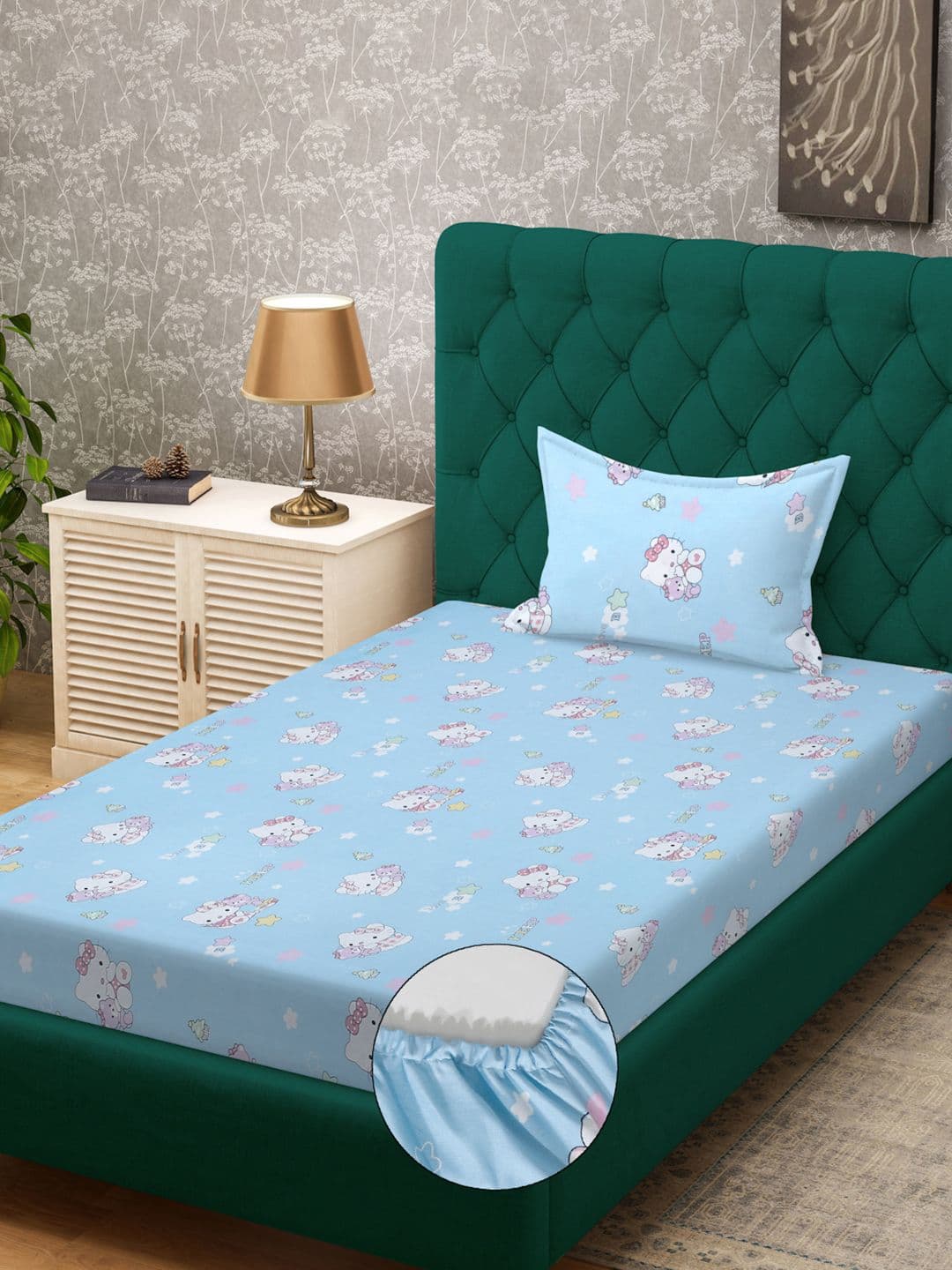 KLOTTHE Blue Cartoon Characters Cotton 400 TC Fitted Single Superfine Bedsheet with a Pillow Cover-89 x 59 inches - view 1