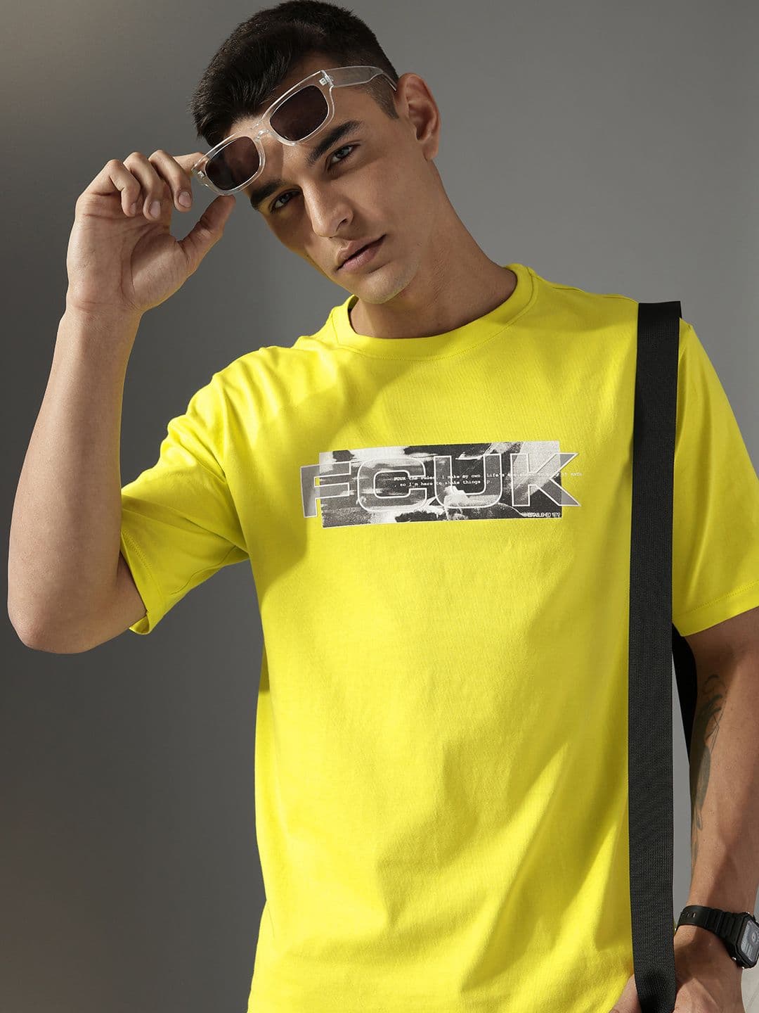 FCUK Brand Logo Printed Drop-Shoulder Sleeves Pure Cotton Relaxed Fit T-shirt - view 1
