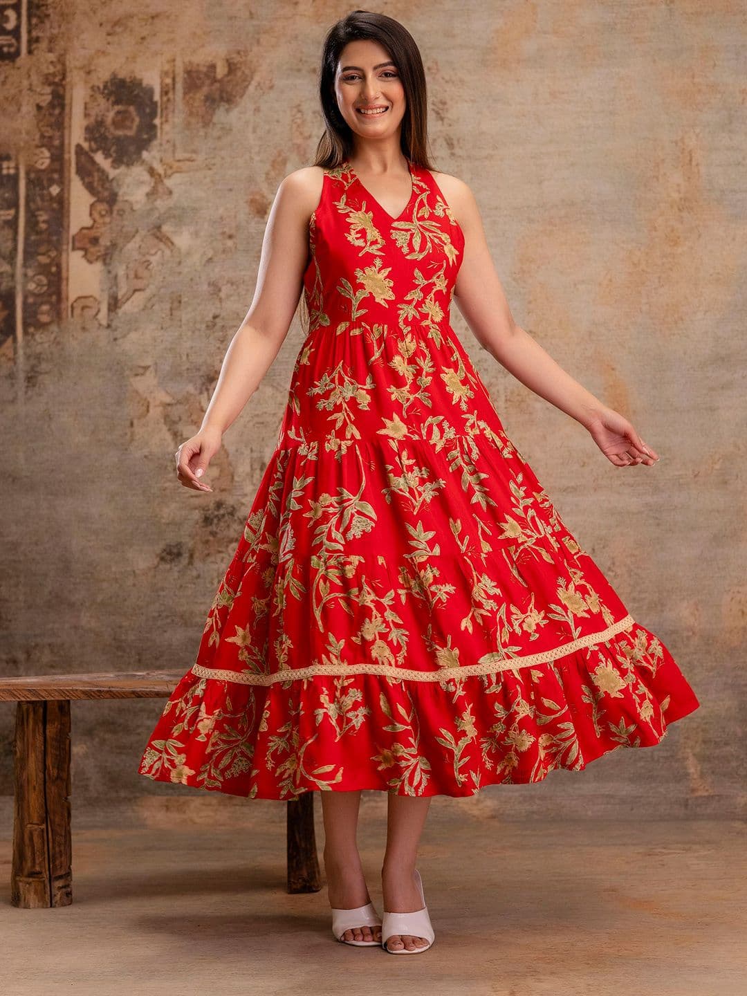A&K Floral Printed Halter Neck Tiered Fit & Flare Midi Ethnic Dress - view 1