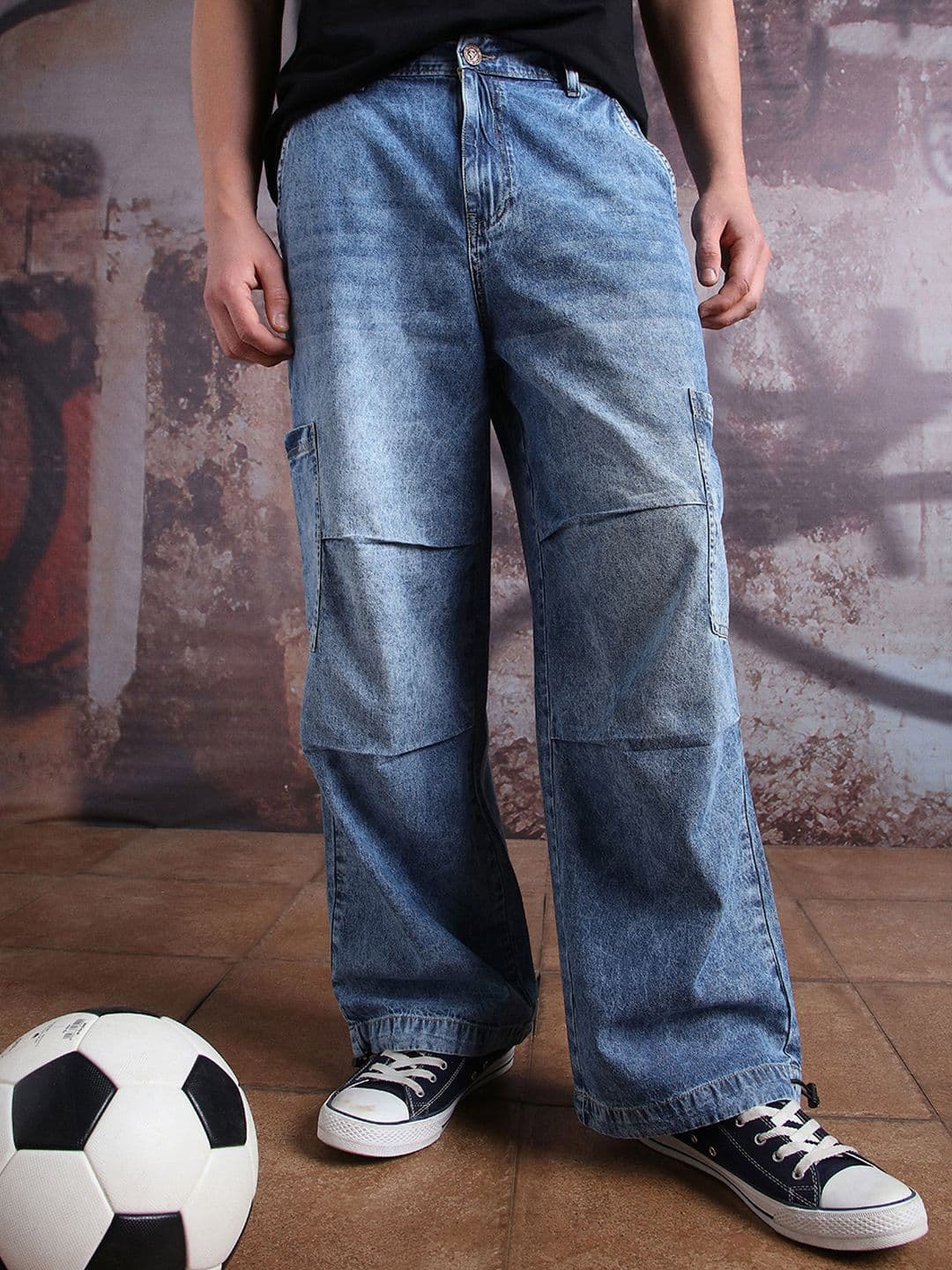 Hubberholme Men Pure Cotton Cargo Denim Light Fade Loose Fit Baggy Fit Jeans - view 1