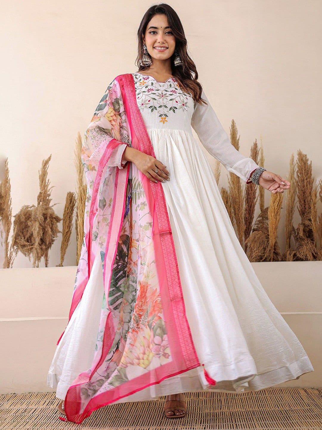 Tilton Women Floral Embroidered Kimono Sleeve Fit & Flare Maxi Gown Dress With Dupatta - view 1
