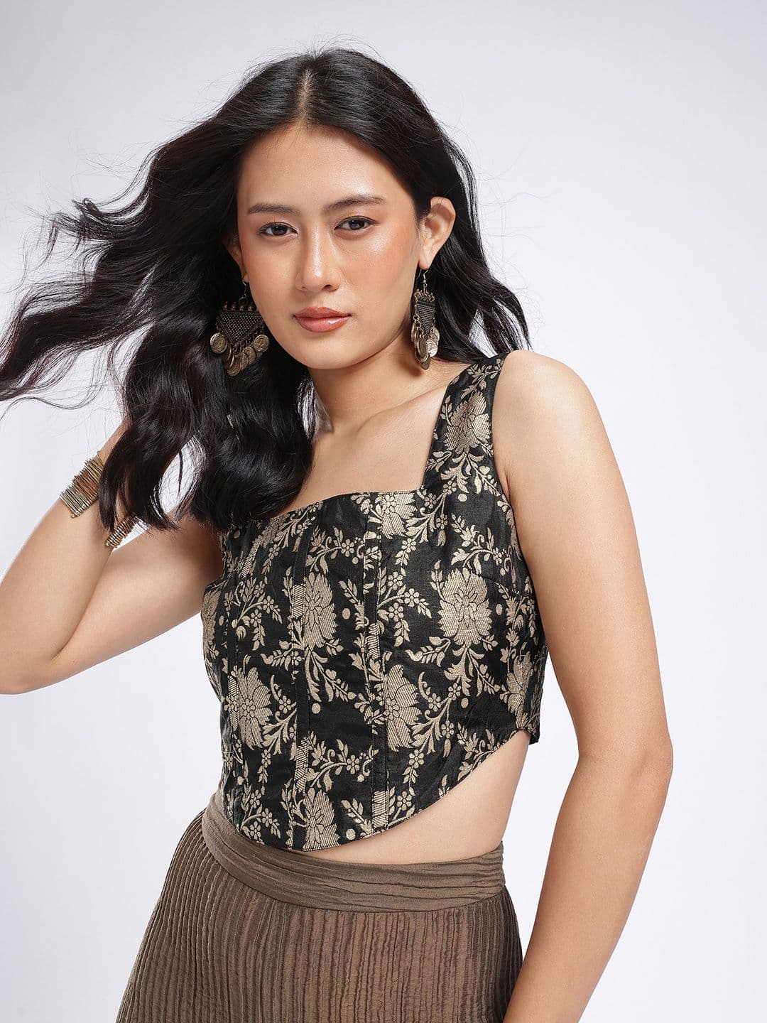 glitchez Floral Woven Design Corset Detail Fusion Crop Top - view 1