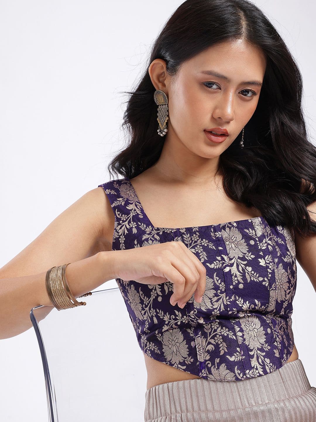 glitchez Floral Woven Design Corset Detail Fusion Crop Top - view 1