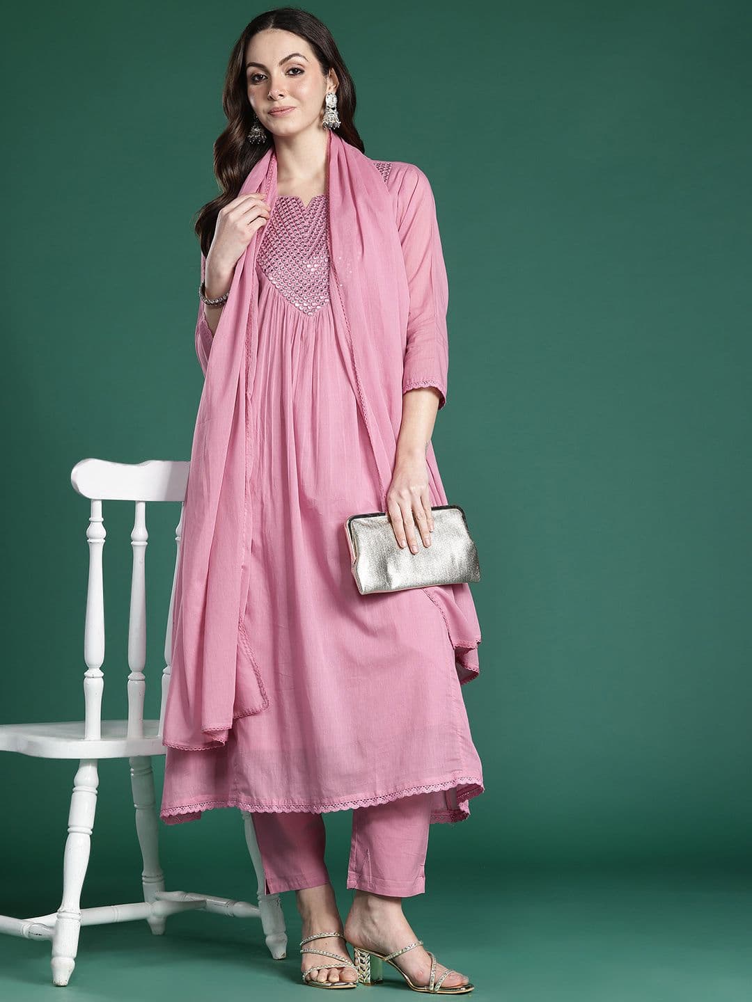 Indo Era Embroidered Pure Cotton Kurta with Trousers & Dupatta - view 1