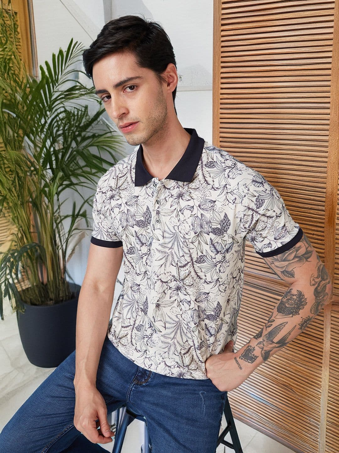 Status Quo Men Floral Printed Polo Collar Regular Fit T-shirt - view 1