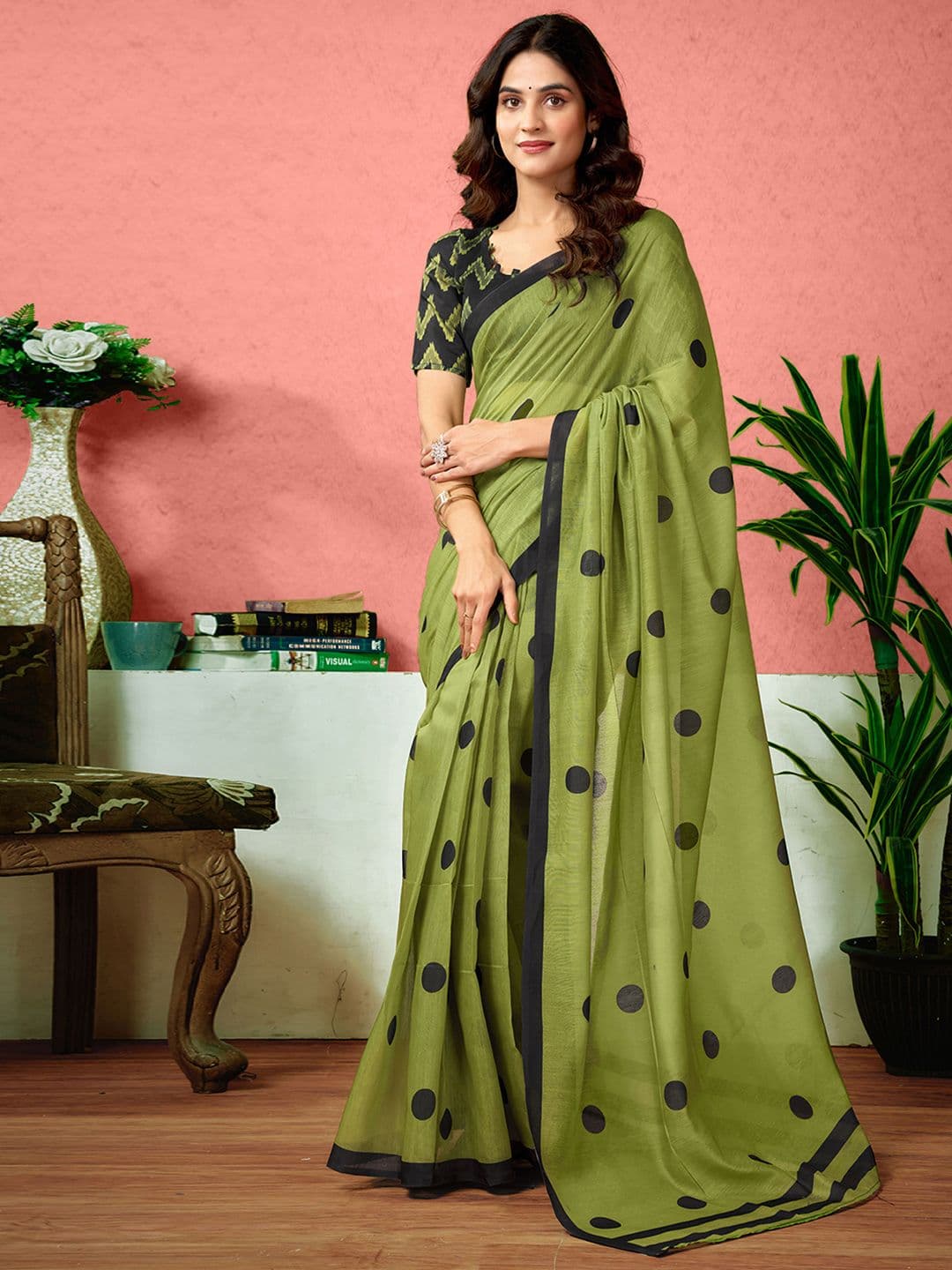Sangria Polka Dots Printed Ready To Wear Saree With Unstitched Blouse - view 1