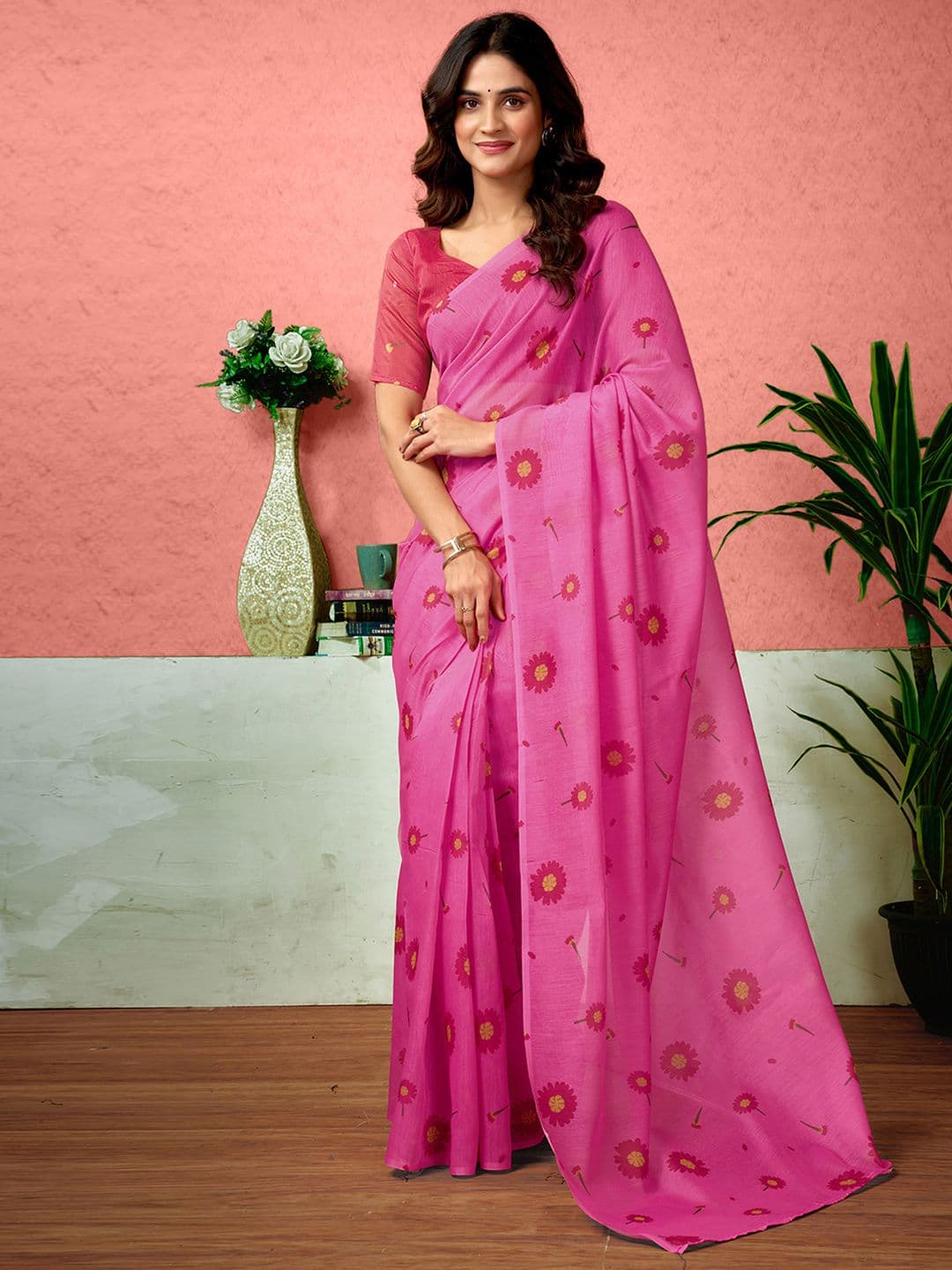 Sangria Floral Printed Ready To Wear Saree With Unstitched Blouse - view 1