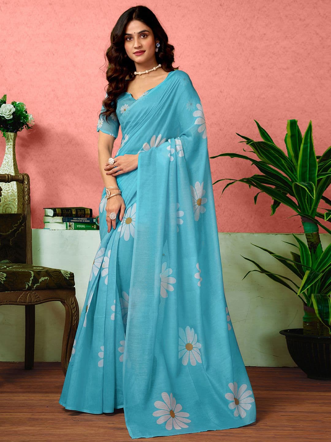 Sangria Floral Printed Ready To Wear Saree With Unstitched Blouse - view 1