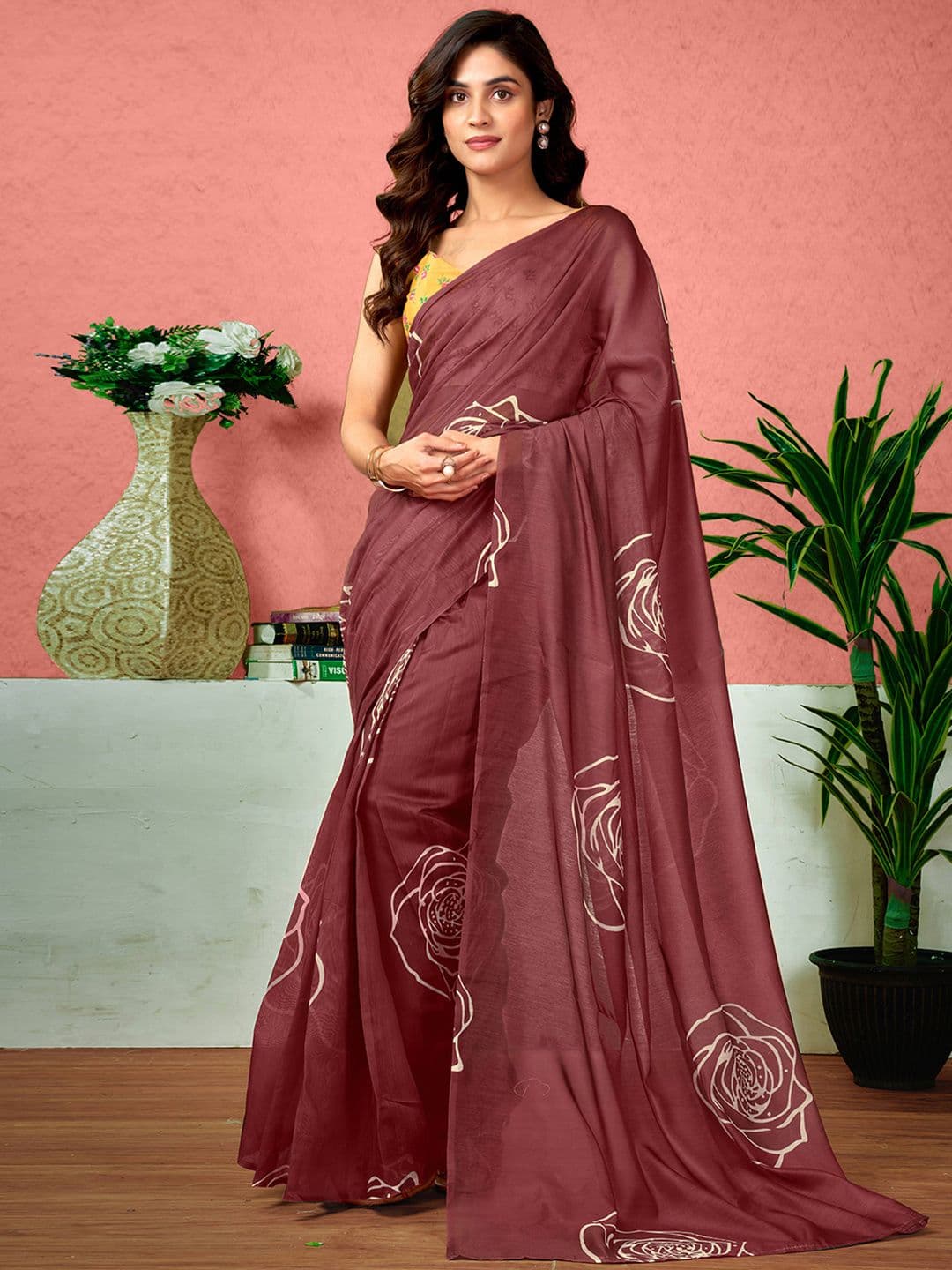 Sangria Floral Printed Ready To Wear Saree With Unstitched Blouse - view 1