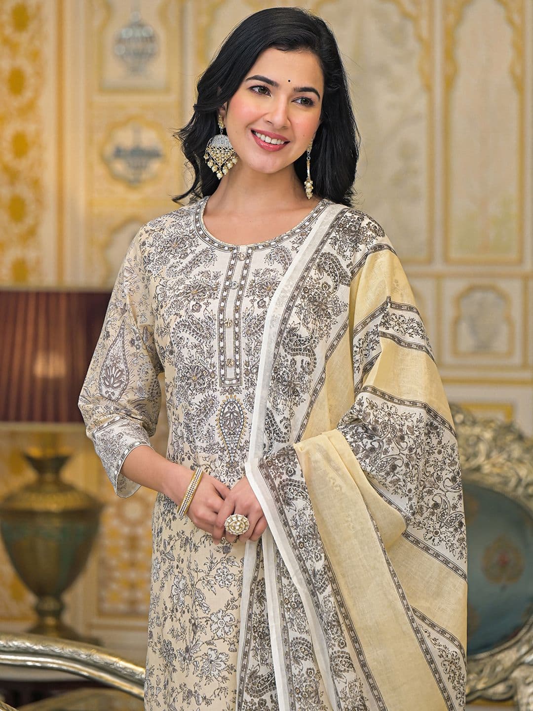 Varanga Women Paisley Printed Regular Beads and Stones Pure Cotton Kurta with Trousers & With Dupatta - view 1