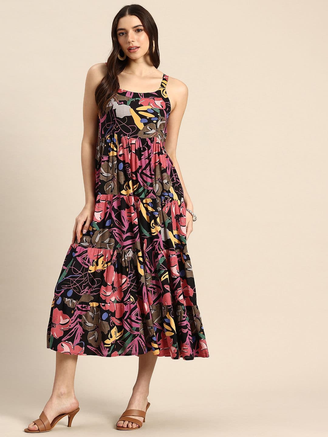 A&K Floral Printed Round Neck Tiered Fit & Flare Midi Ethnic Dress - view 1