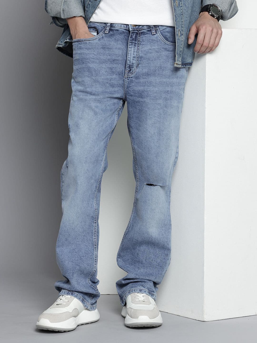 The Indian Garage Co Men Bootcut Slash Knee Ripped Light Fade Stretchable Jeans - view 1