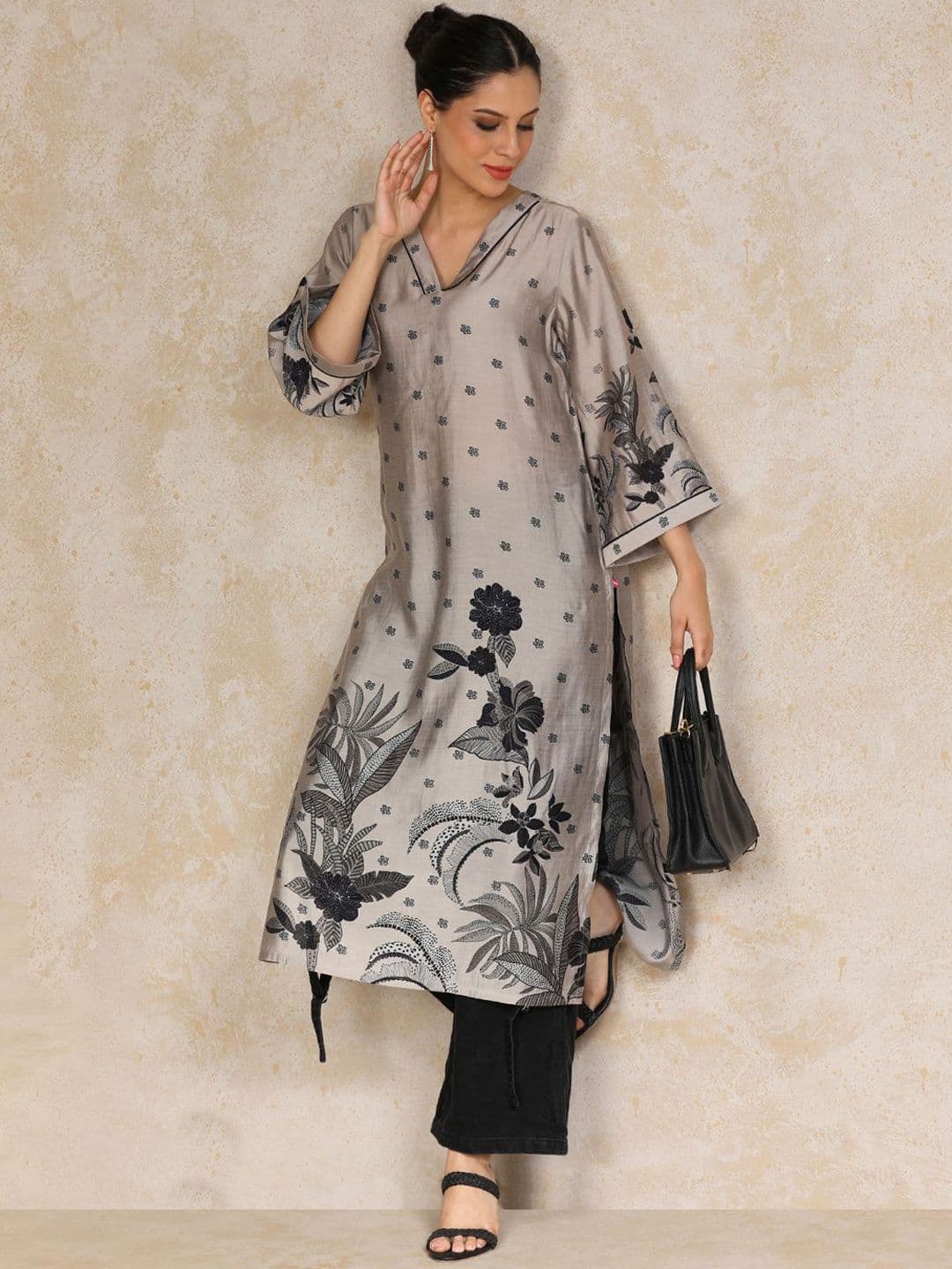 Varanga Floral Printed Flared Sleeves Straight Chanderi Cotton Kurta - view 1