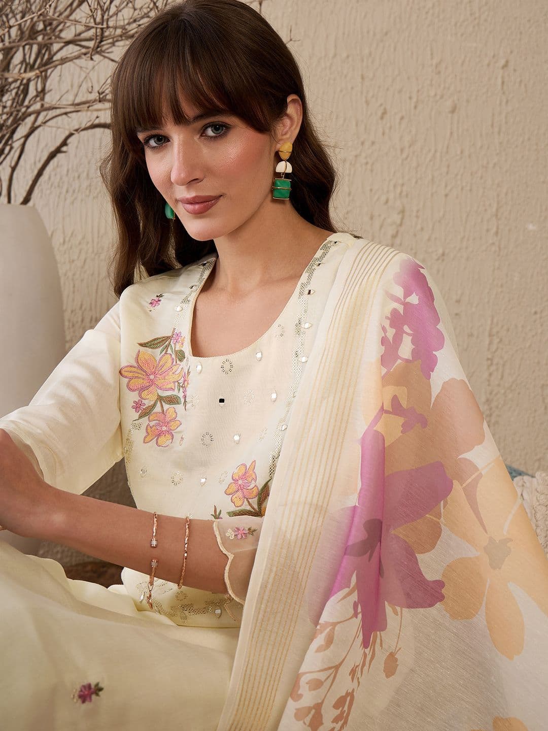 Indo Era Women Floral Embroidered Regular Mirror Work Chanderi Silk Kurta with Trousers & With Dupatta - view 1