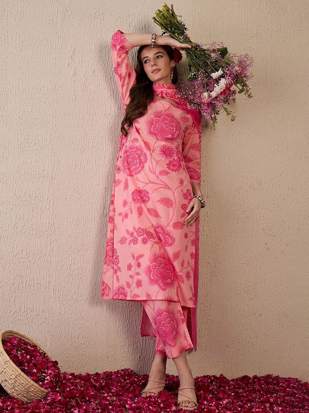 Indo Era Women Floral Printed Regular Pure Cotton Kurta with Trousers & With Dupatta - view 1