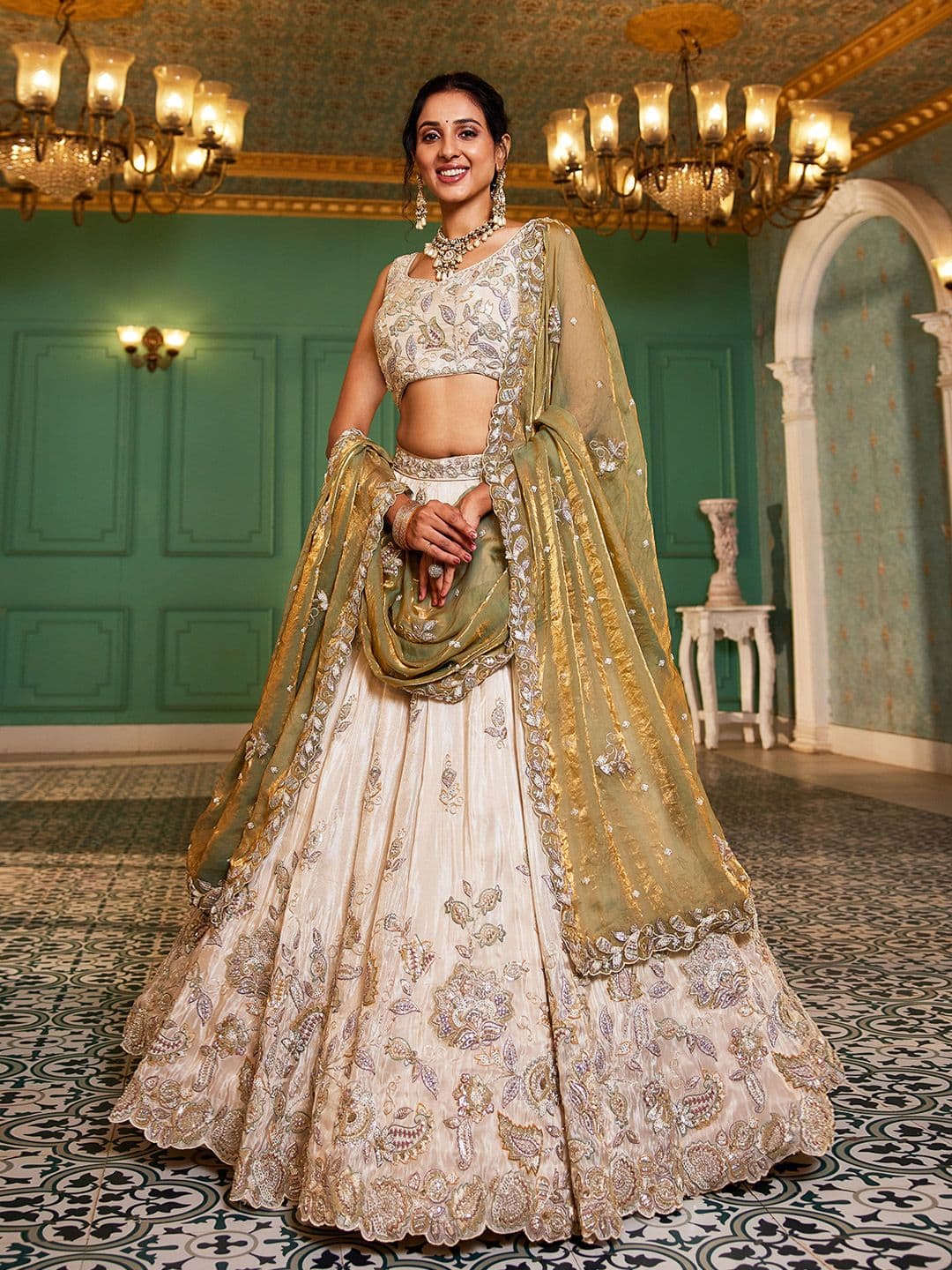 panchhi Embroidered Thread Sequinned Tissue Lehenga Choli With Dupatta - view 1