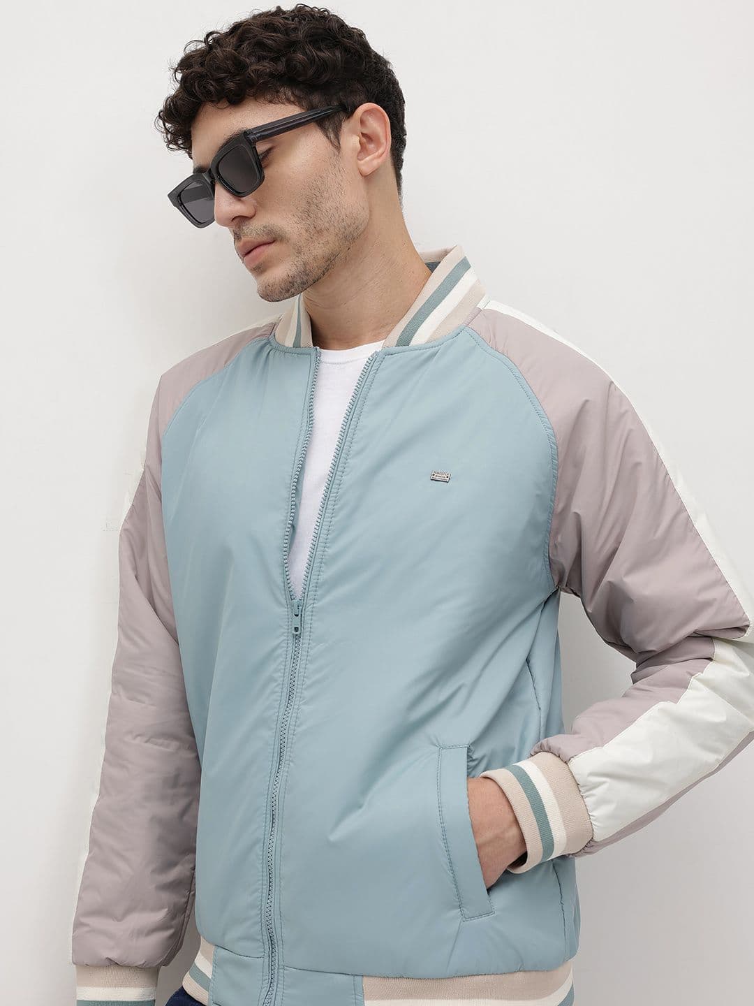 The Roadster Life Co. Colourblocked Stand Collar Raglan Sleeves Varsity Jacket - view 1