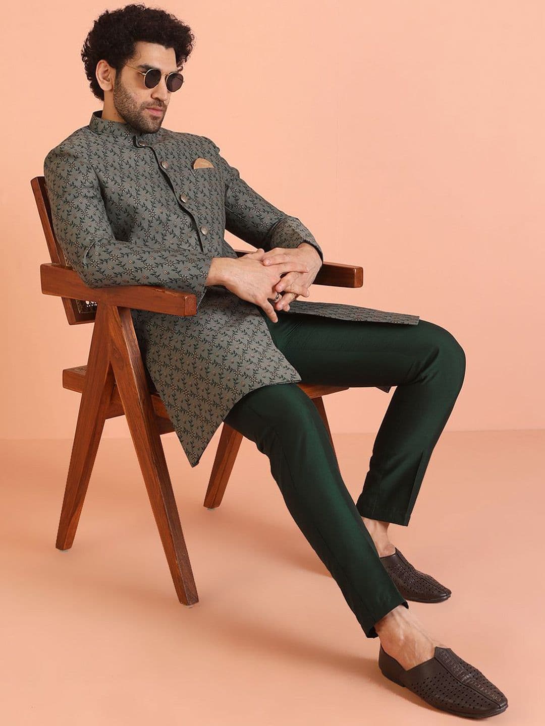 KISAH Men Self Design Floral Indowestern Sherwani Trouser Set