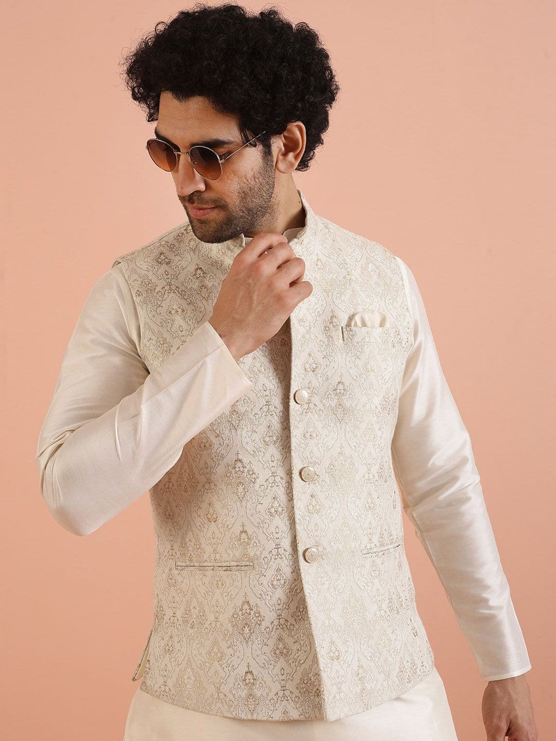 KISAH Ethnic Motif Nehru Jacket With Pocket Square - view 1