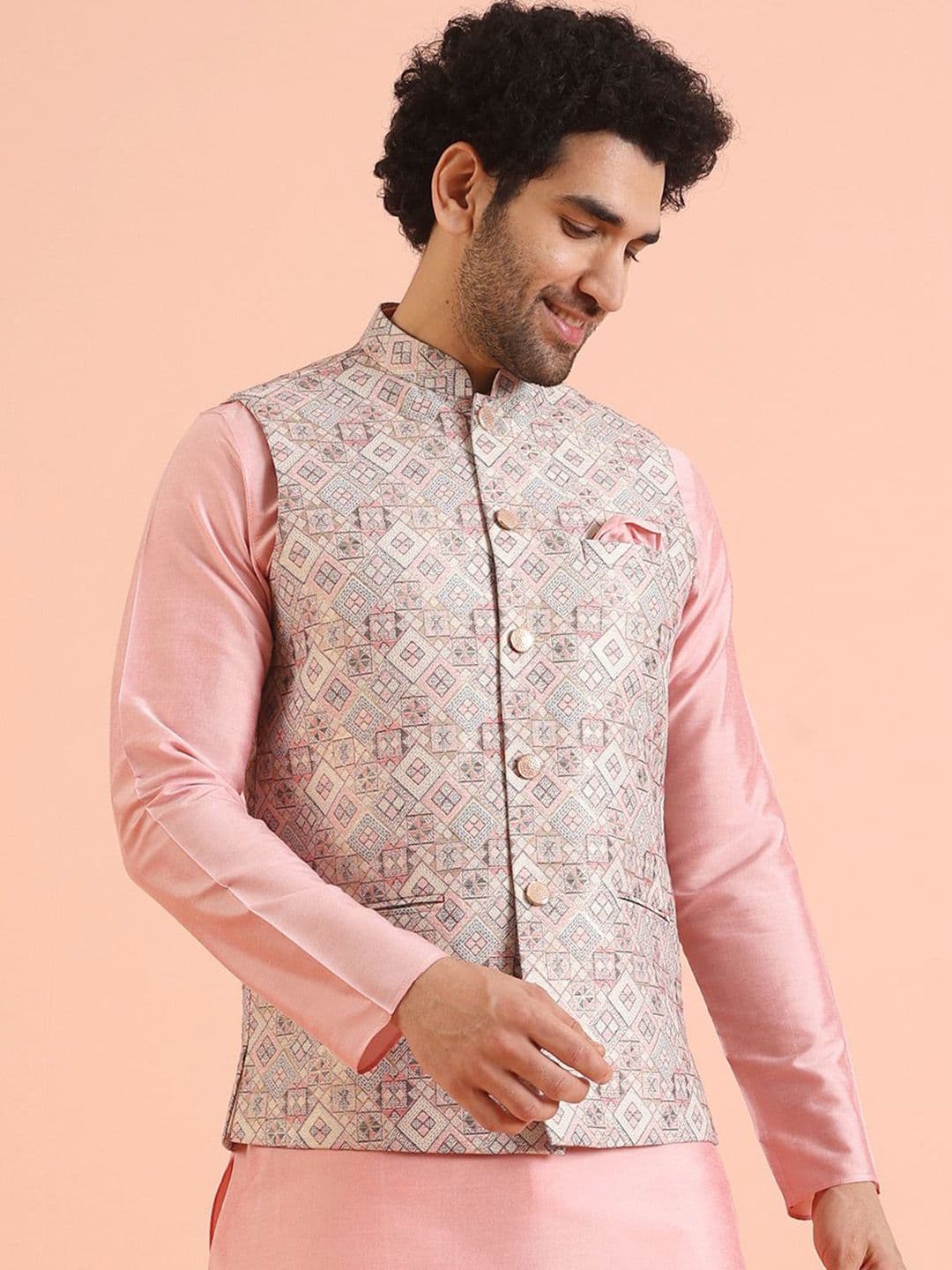 KISAH Geometric Mandarin Collar Nehru Jacket With Pocket Square - view 1
