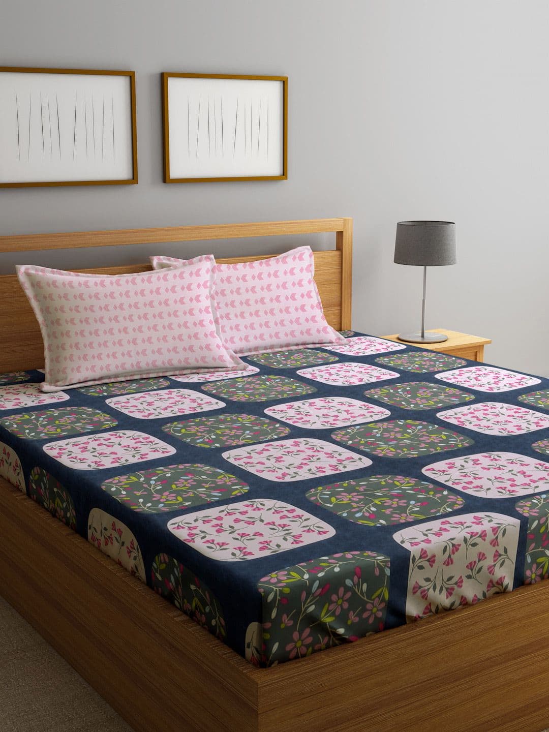 Myntra Elegant Homes Navy Blue Floral Cotton 300 TC Fitted King Fine Bedsheet with 2 Pillow Covers-98 x 89 inches - view 1