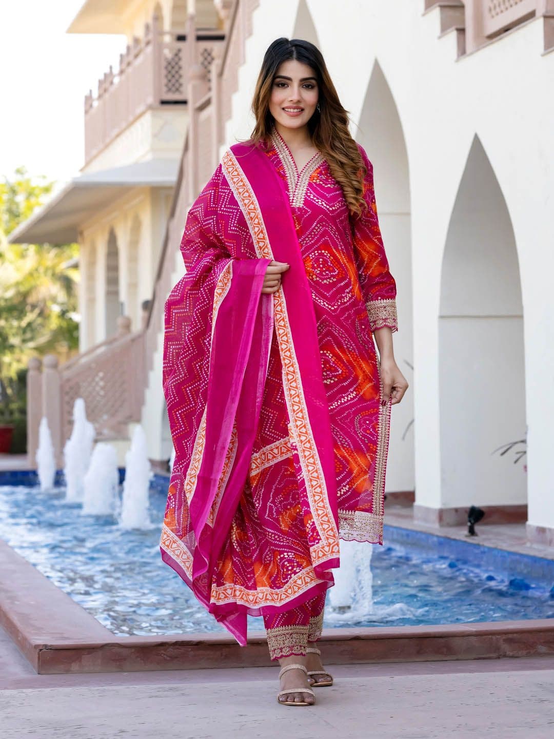 KALINI Bandhani Printed V-Neck Zari Pure Cotton Straight Kurta With Trouser And Dupatta - view 1