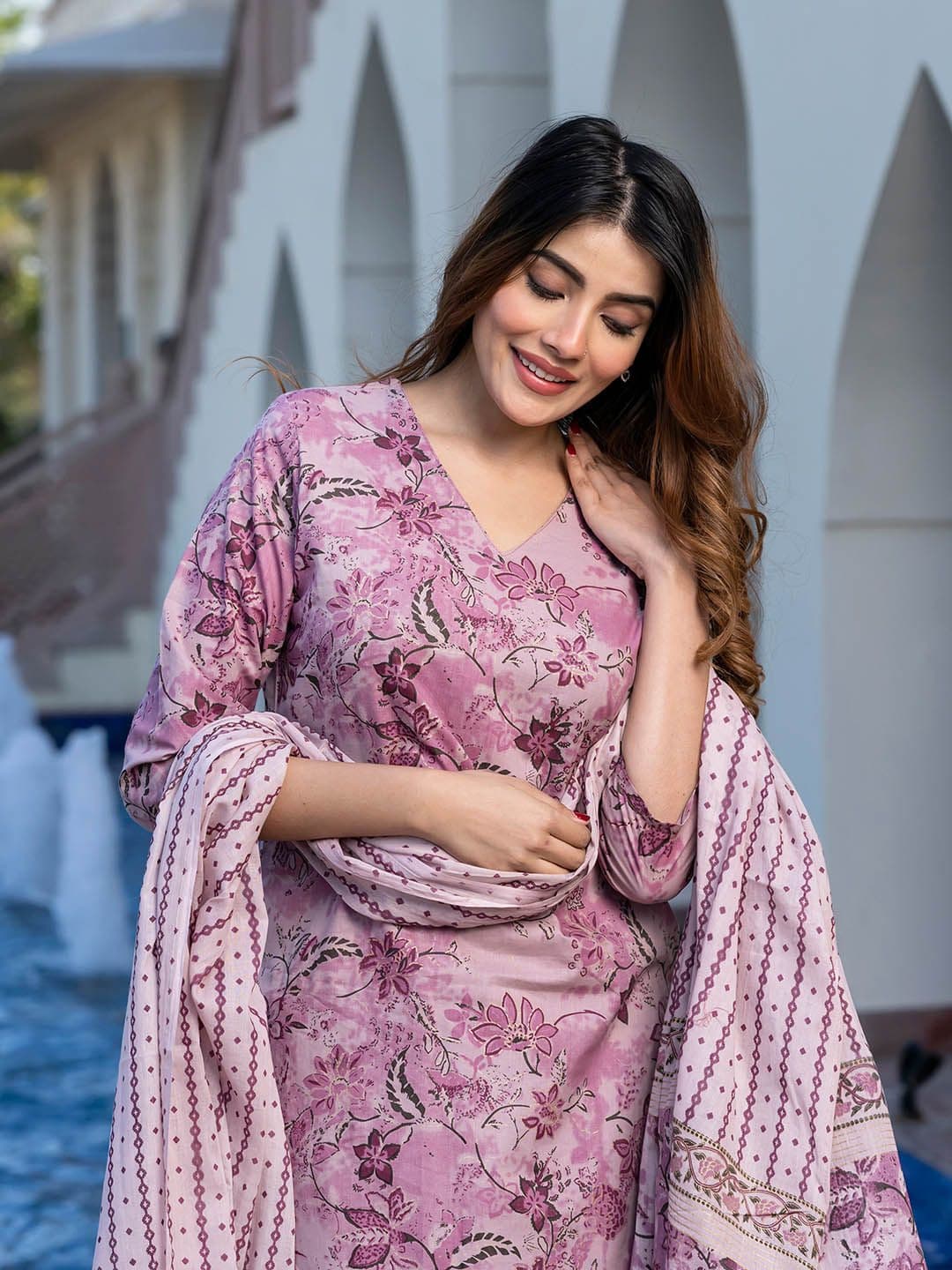 KALINI Floral Printed V-Neck Pure Cotton Straight Kurta With Palazzos & Dupatta - view 1