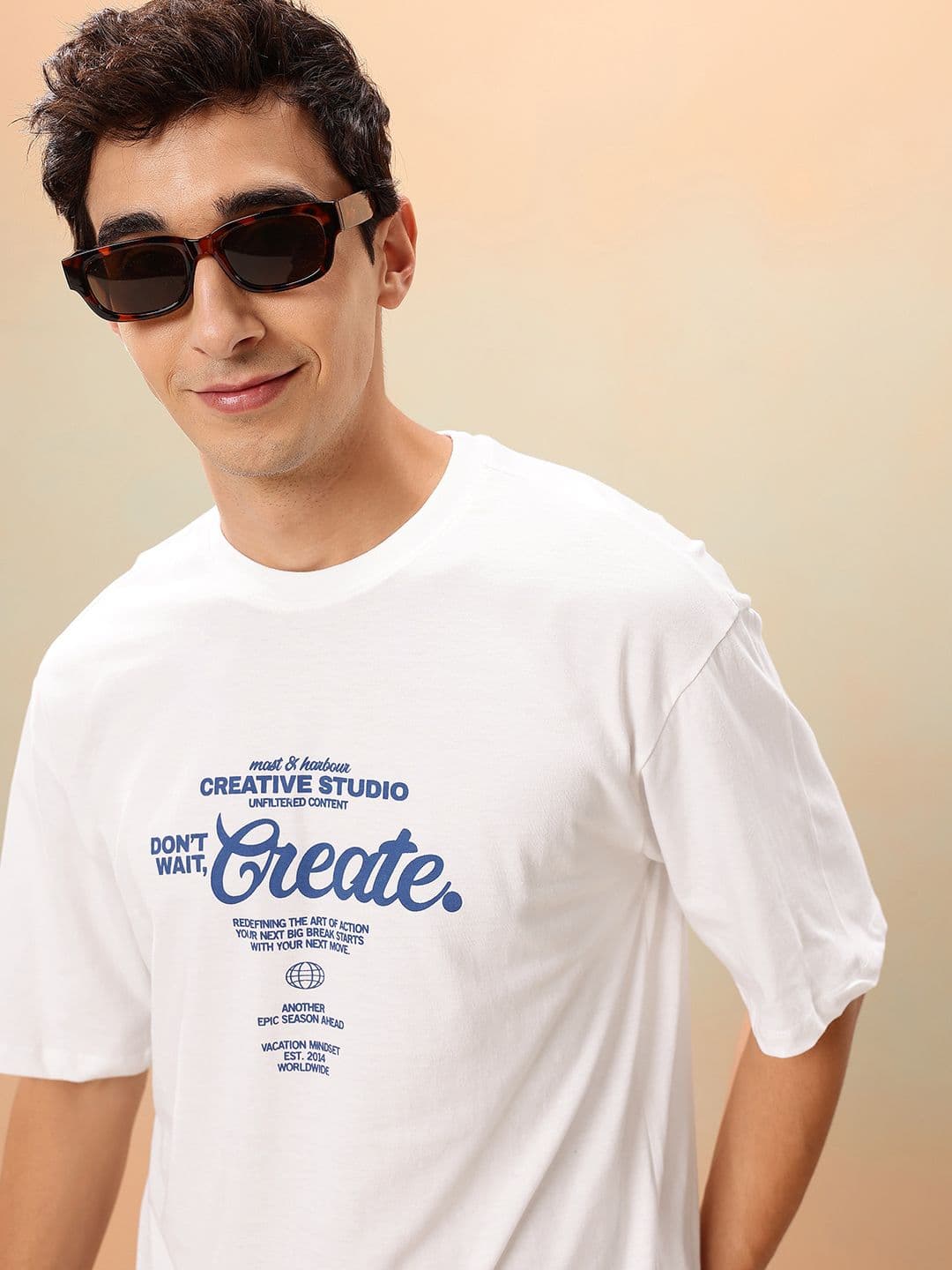 Mast & Harbour Typography Printed Drop-Shoulder Sleeves Pure Cotton Oversized T-shirt - view 1