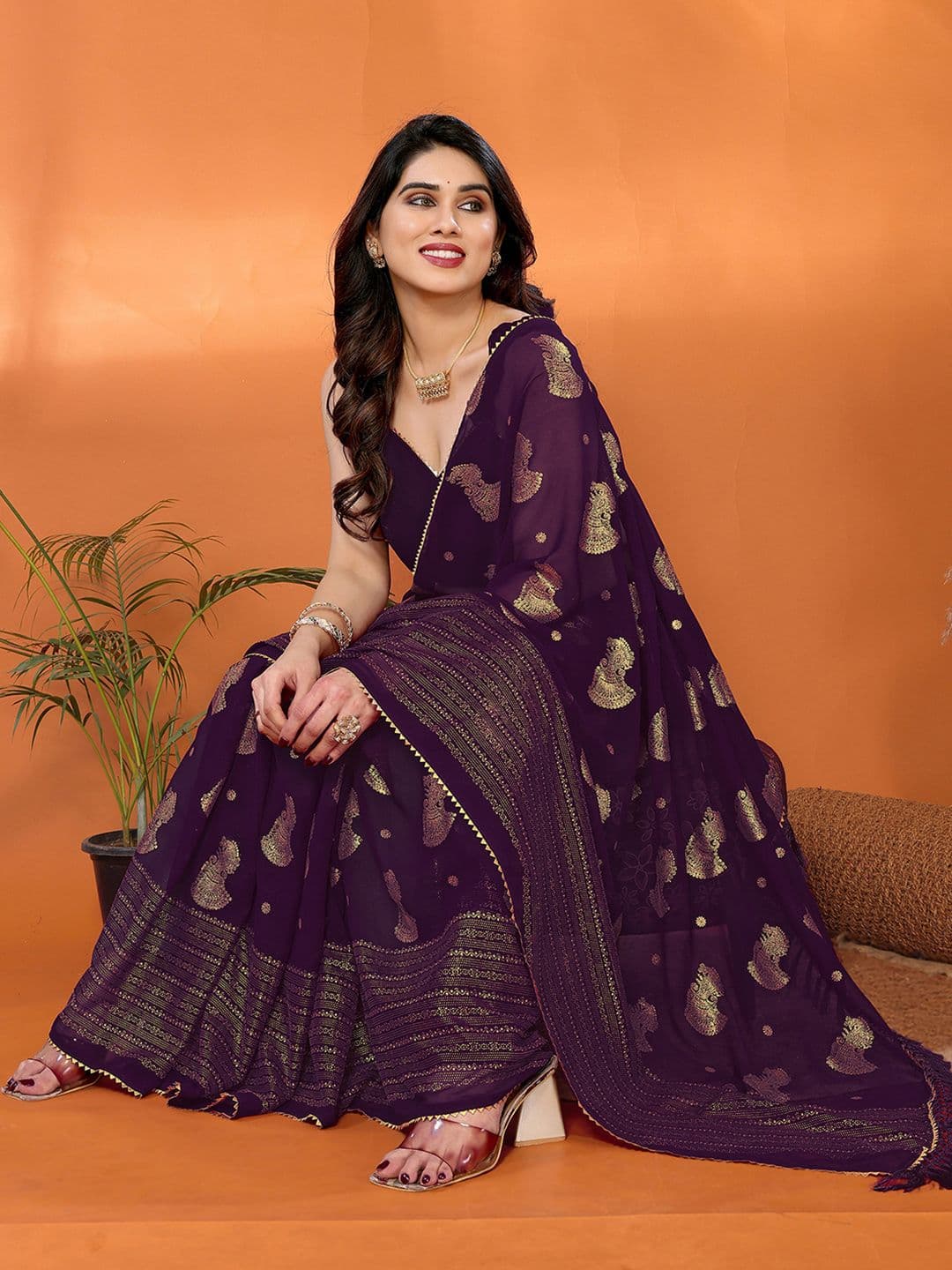all about you Woven Design Zari Pure Georgette Embellished Banarasi Saree - view 1