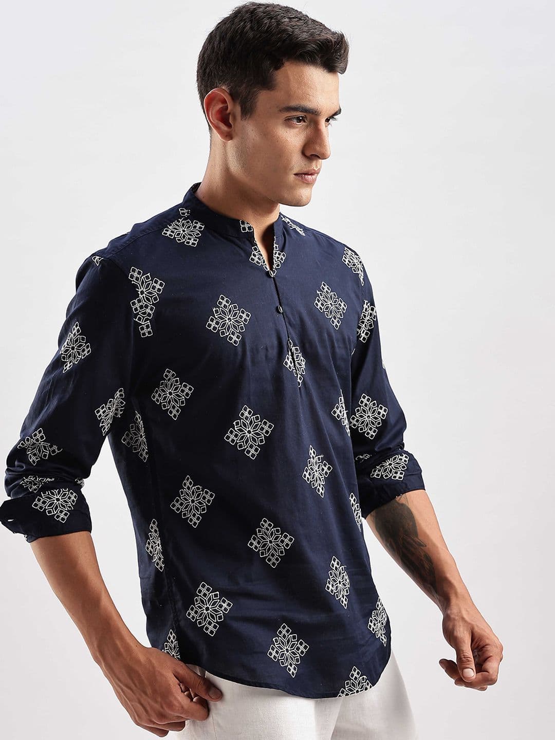 HERE&NOW Floral Embroidered Mandarin Collar Cotton Short Kurta - view 1
