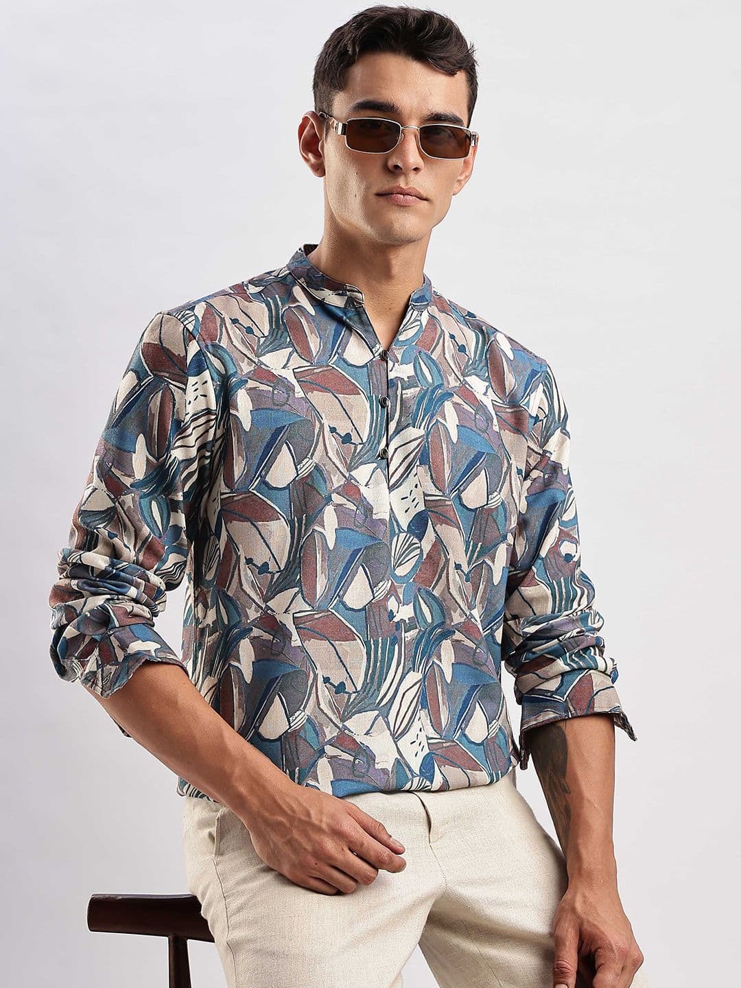 HERE&NOW Abstract Printed Mandarin Collar Short Kurta - view 1