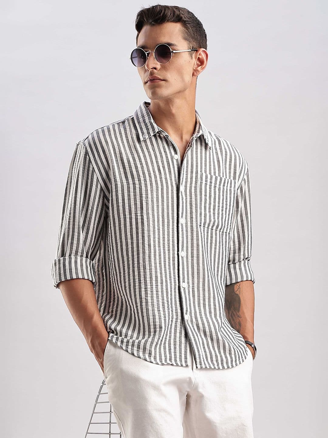 HERE&NOW Relaxed Fit Striped Button-Down Collar Linen Blend Casual Shirt - view 1