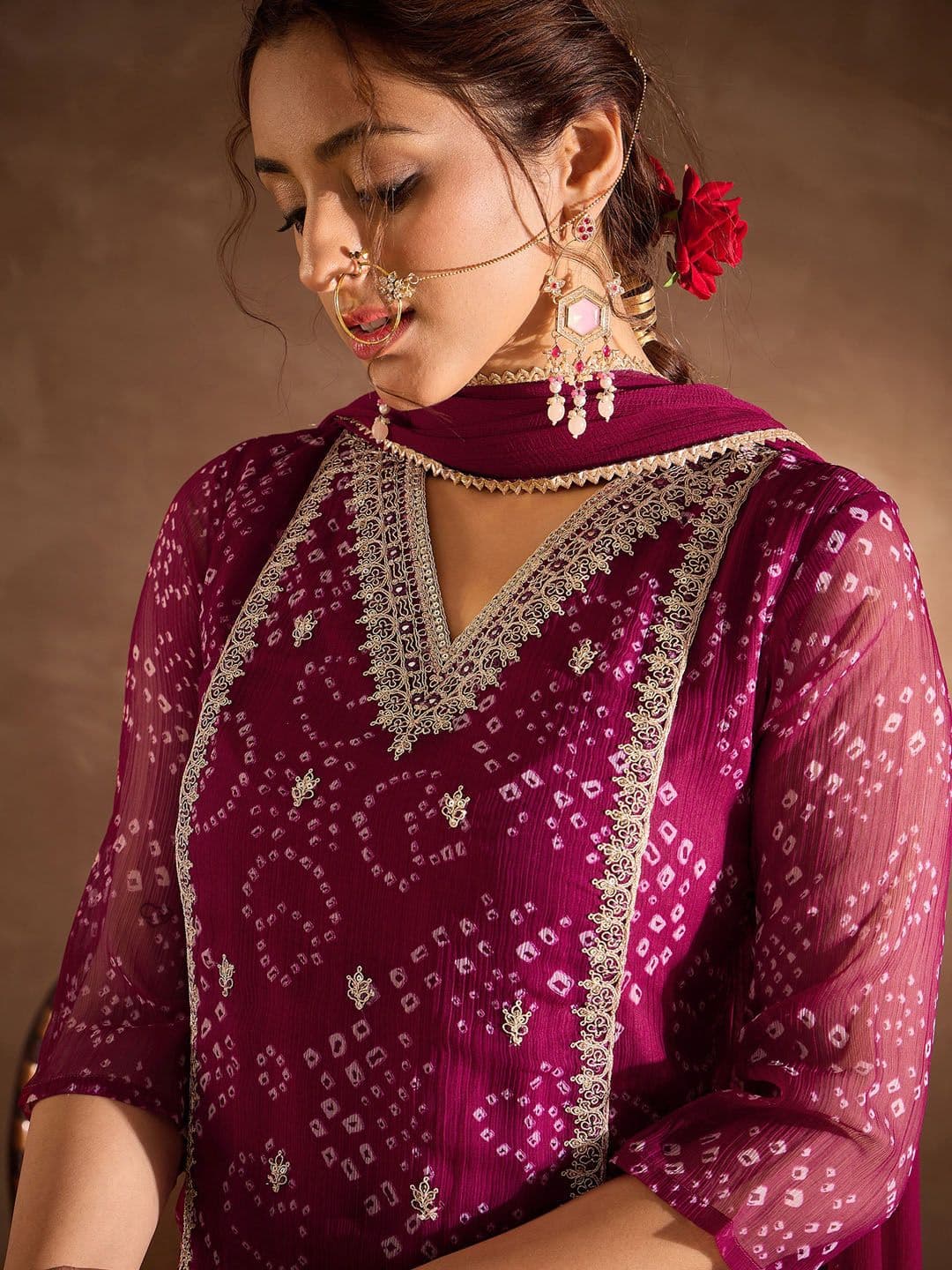 Indo Era Bandhani Printed V-Neck Zari Silk Chiffon Straight Kurta With Trousers & Dupatta - view 1