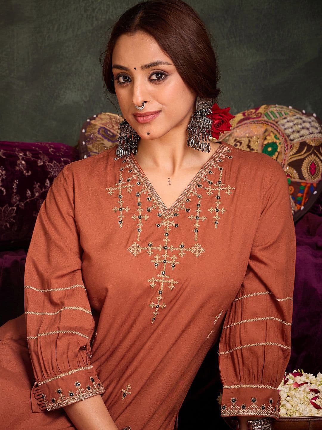 Indo Era Floral Yoke Design V-Neck Thread Work A-Line Kurta With Palazzos - view 1