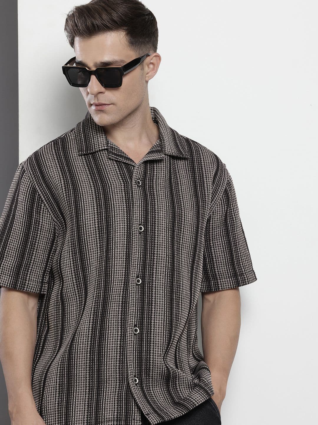 The Indian Garage Co Pure Cotton Striped & Waffle Textured Relaxed Fit Casual Shirt - view 1