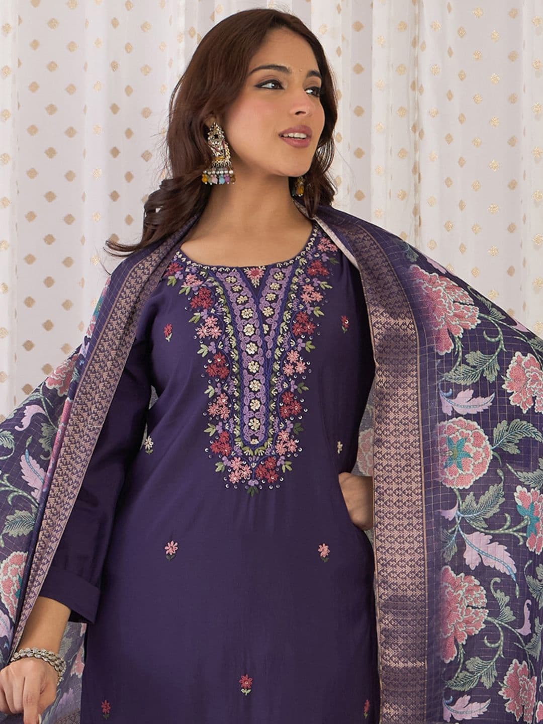 Indo Era Floral Embroidered Thread Work Straight Kurta With Trousers & Dupatta - view 1
