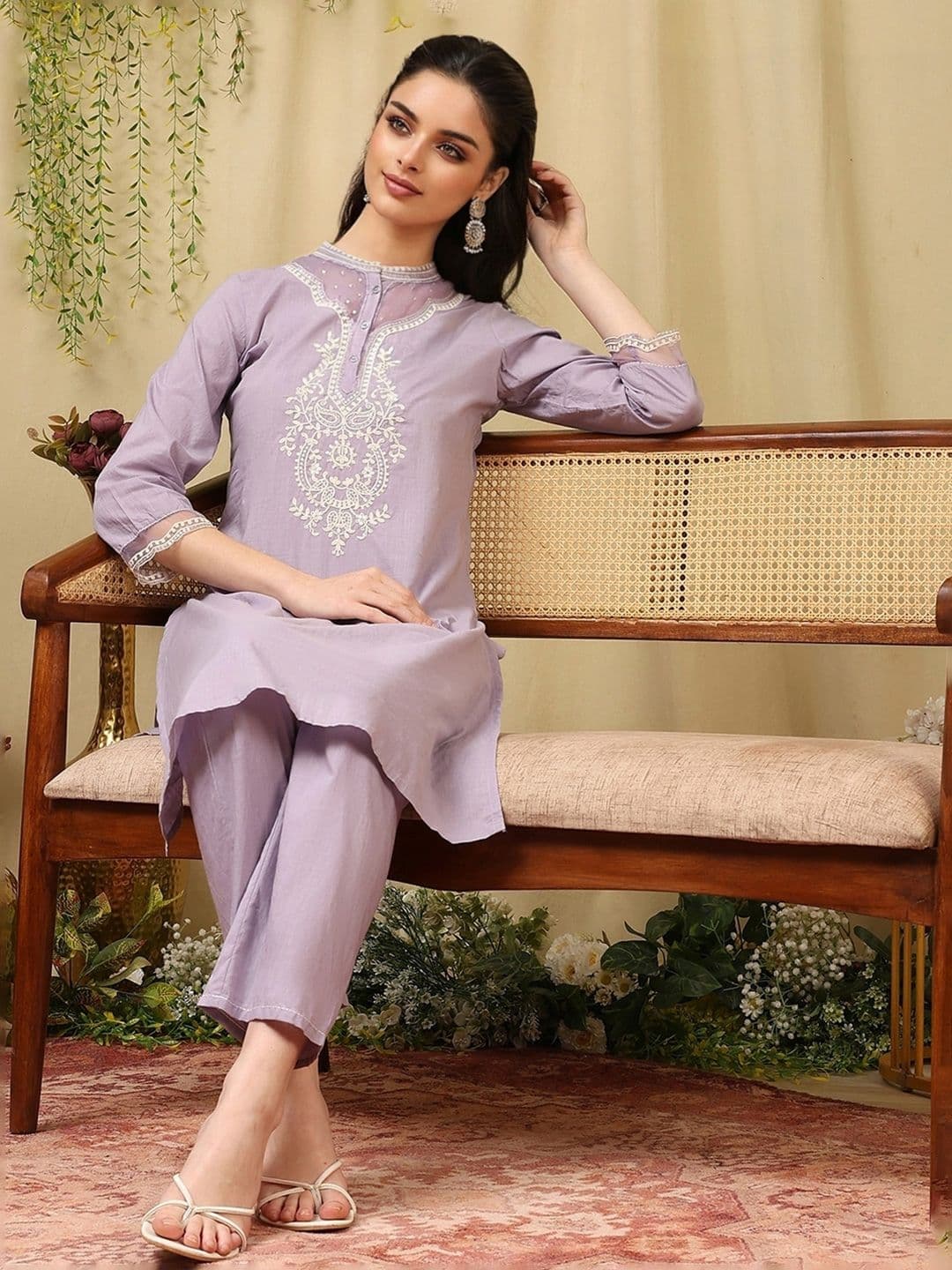 Nayam By Lakshita Embroidered Floral Straight Kurta Palazzo Set - view 1