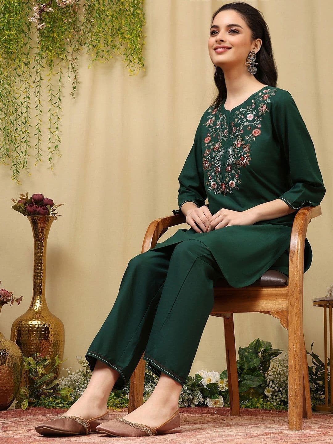 Nayam By Lakshita Embroidered Floral Straight Kurta Trouser Set - view 1