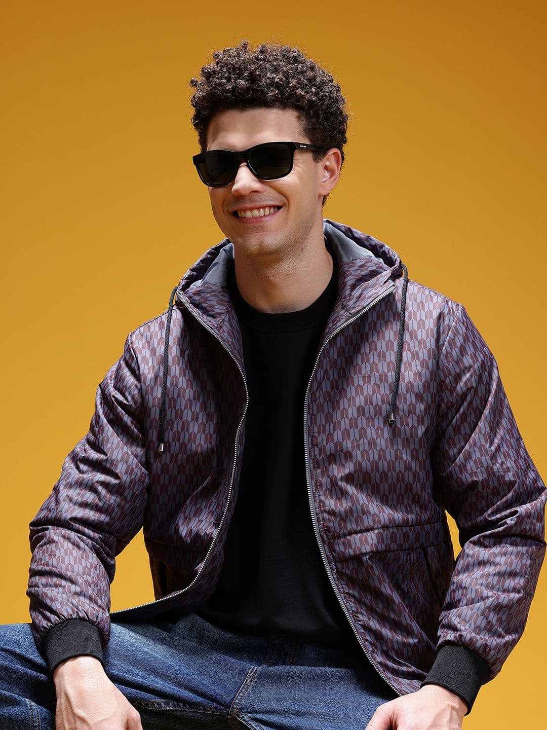 HERE&NOW Paneled Geometric Print Hooded Padded Jacket - view 1