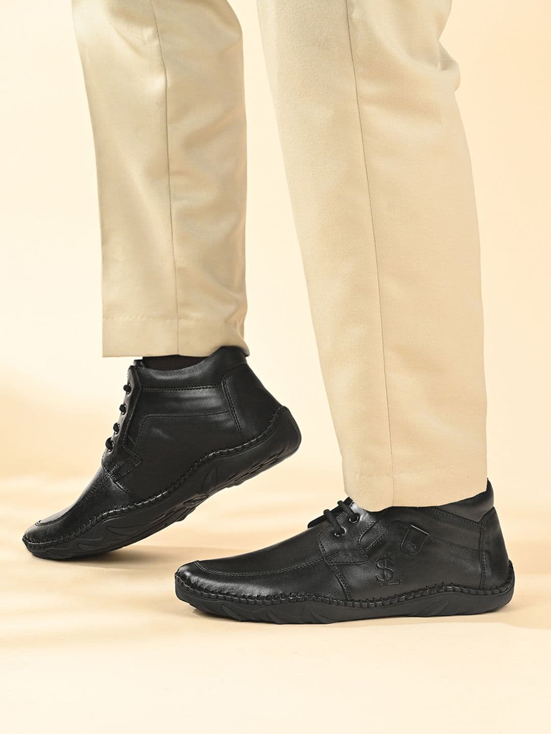 LOUIS STITCH Jet Black Genuine Leather Ultra Lightweight Mid-Ankle Derby Shoes - view 1