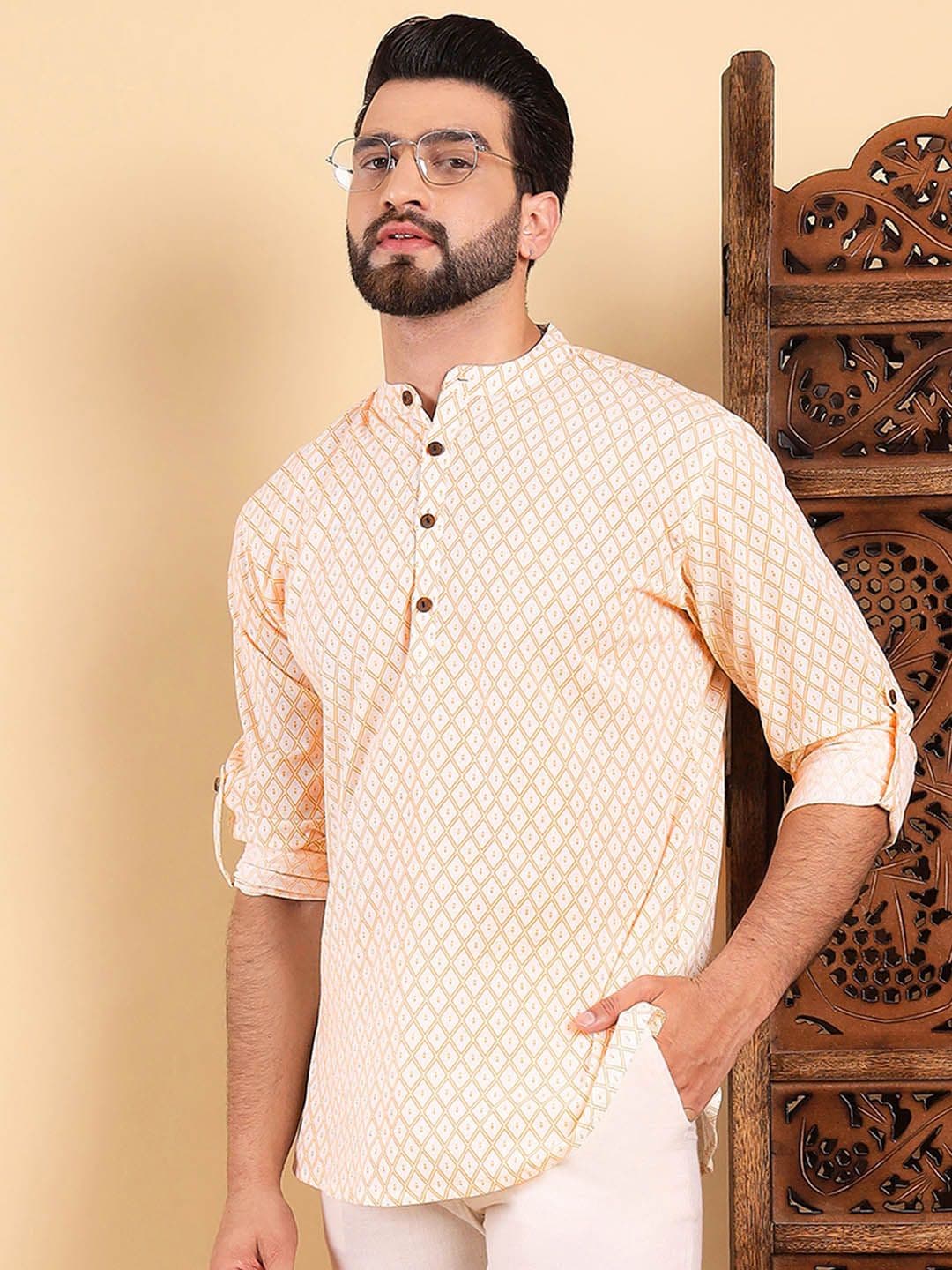 House of Pataudi Geometric Printed Band Collar Pure Cotton Straight Short Kurta - view 1