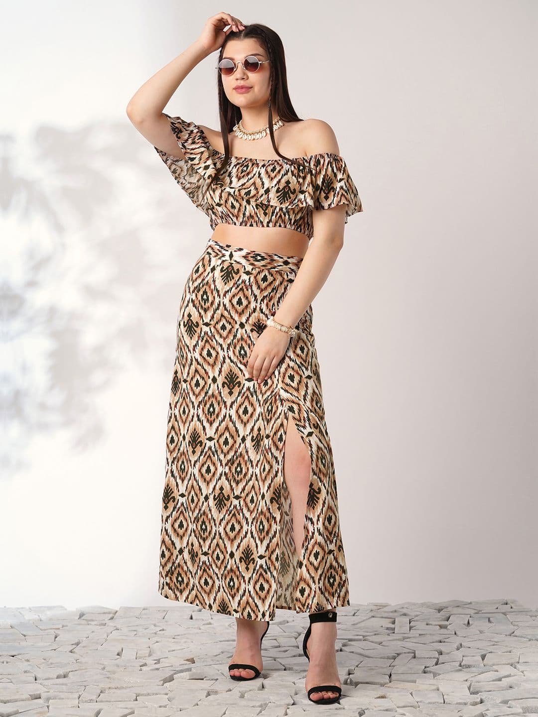Globus Ikat Print Off Shoulder Ruffle Fitted Crop Top With Side Slit Maxi Skirt Co-ord Set - view 1