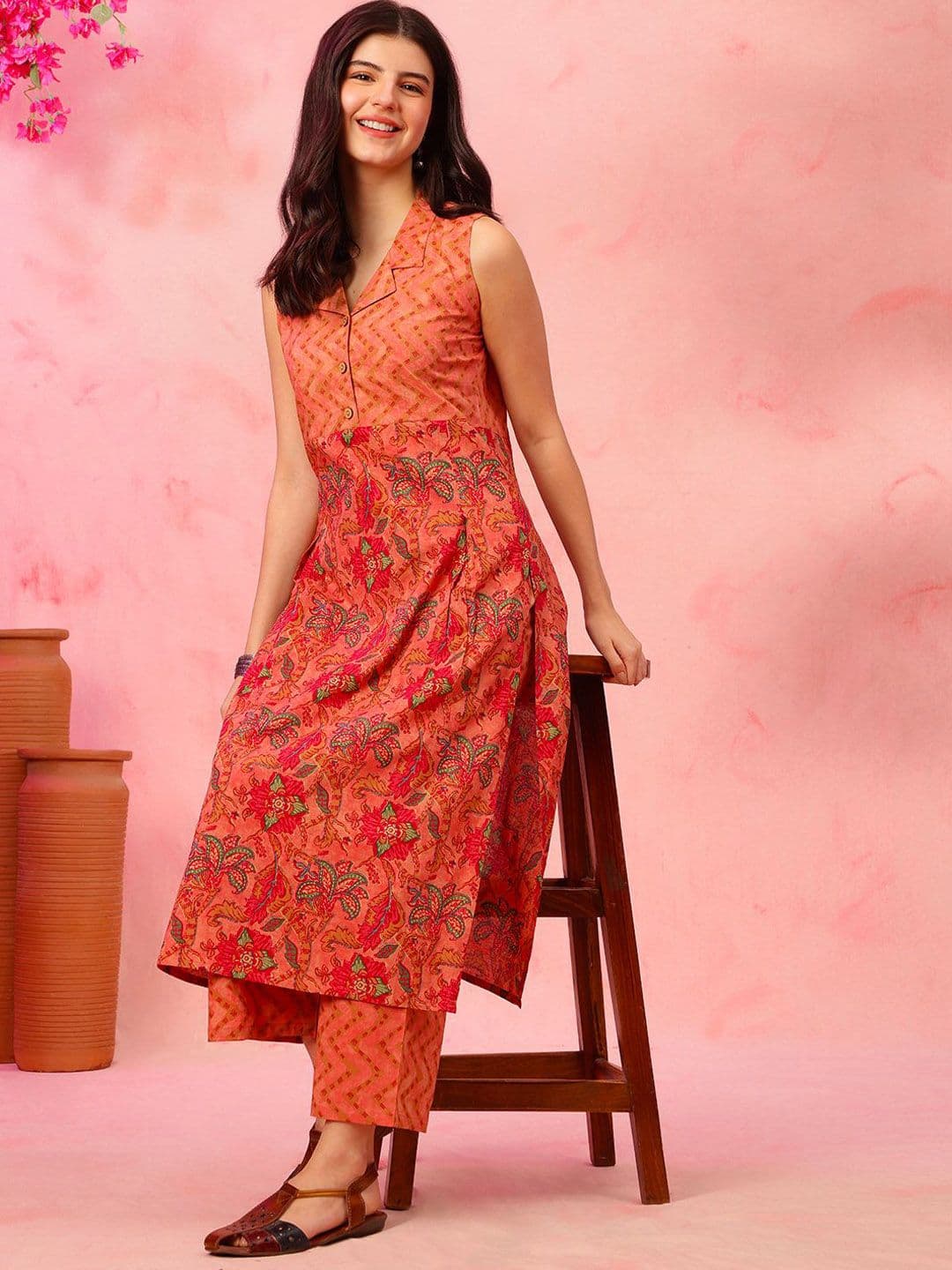Anouk Rustic Floral Printed Pure Cotton Straight Kurta with Trouser - view 1